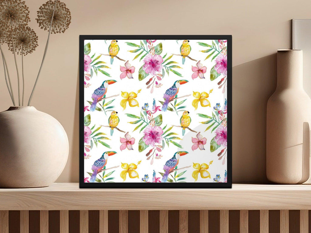 Tropical Birds Seamless Pattern Digital Paper, Watercolor Floral Digital Pattern, Hibiscus Flower, Toucan Parrot Pattern, Summer Design - Moore and Mountain