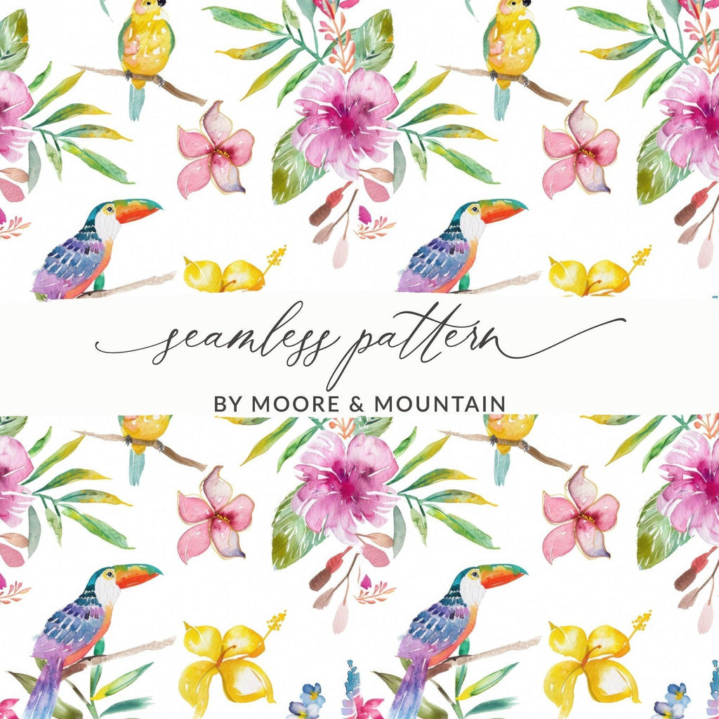 Tropical Birds Seamless Pattern Digital Paper, Watercolor Floral Digital Pattern, Hibiscus Flower, Toucan Parrot Pattern, Summer Design - Moore and Mountain