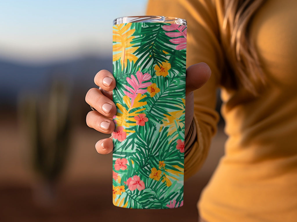 Tropical Digital Paper, Green Palm Leaf, Pink Floral Pattern, Summer Print, Abstract Background, Instant Download - Moore and Mountain