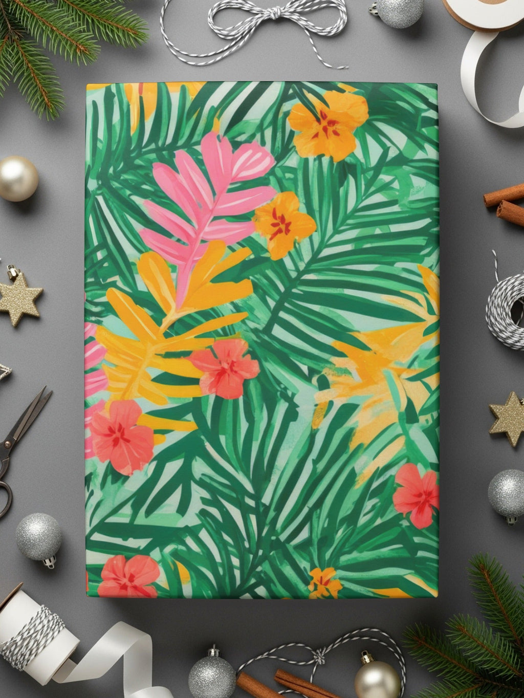 Tropical Digital Paper, Green Palm Leaf, Pink Floral Pattern, Summer Print, Abstract Background, Instant Download - Moore and Mountain