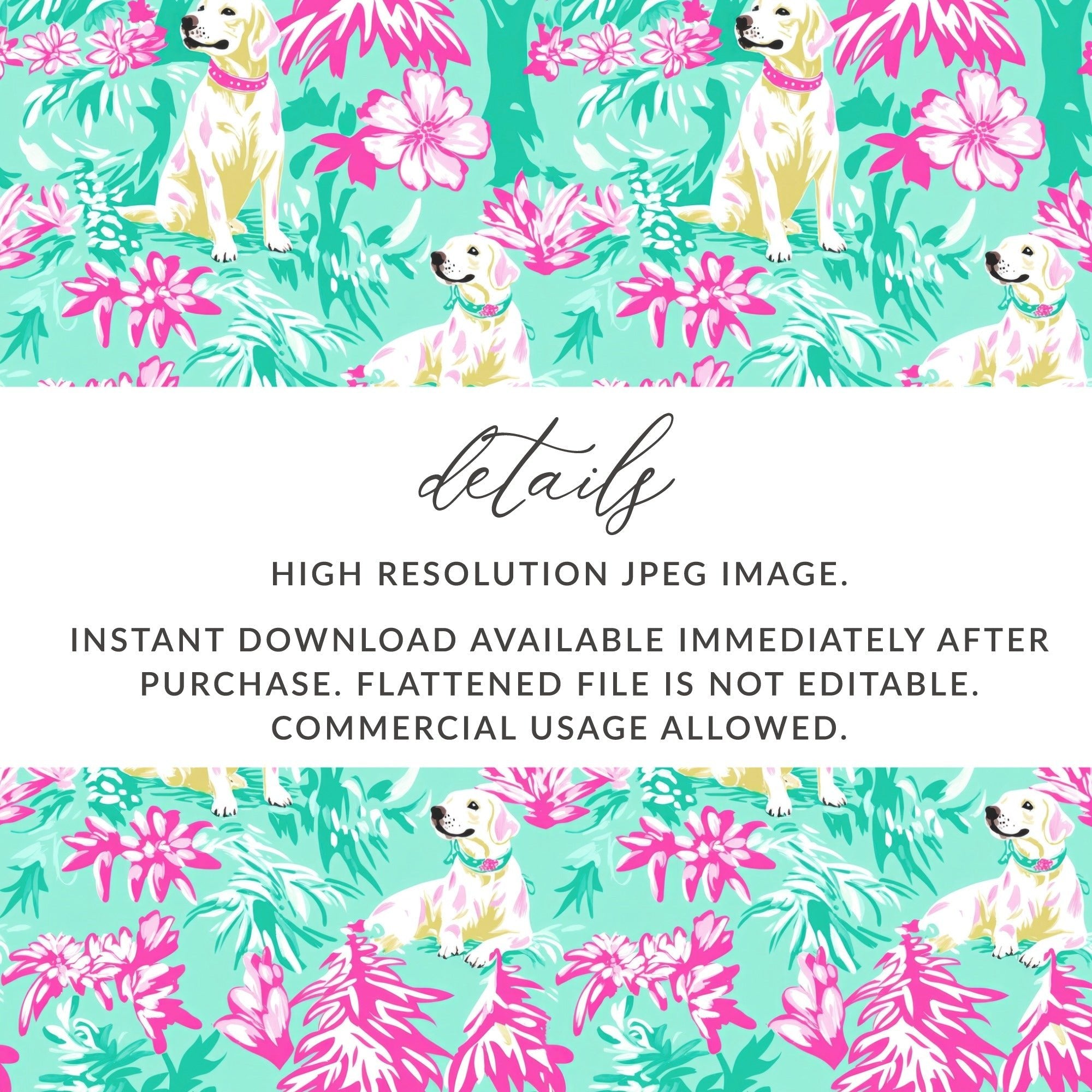 Tropical Dog Digital Paper, Floral Labrador Pattern, Pink and Green Print, Seamless File, Preppy Yellow Lab Digital Background - Moore and Mountain