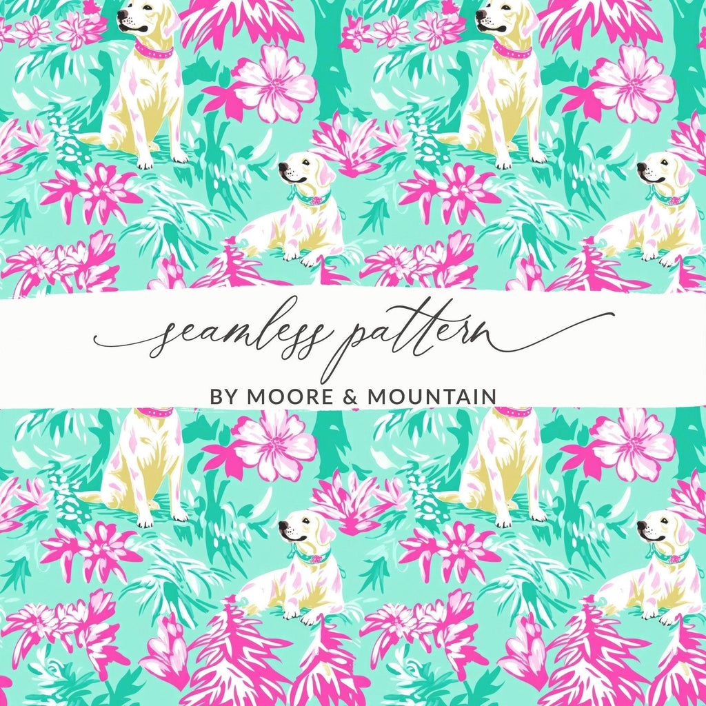 Tropical Dog Digital Paper, Floral Labrador Pattern, Pink and Green Print, Seamless File, Preppy Yellow Lab Digital Background - Moore and Mountain