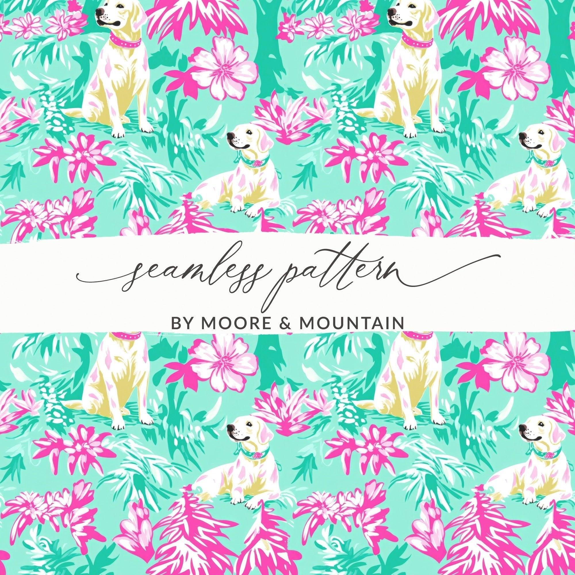 Tropical Dog Digital Paper, Floral Labrador Pattern, Pink and Green Print, Seamless File, Preppy Yellow Lab Digital Background - Moore and Mountain