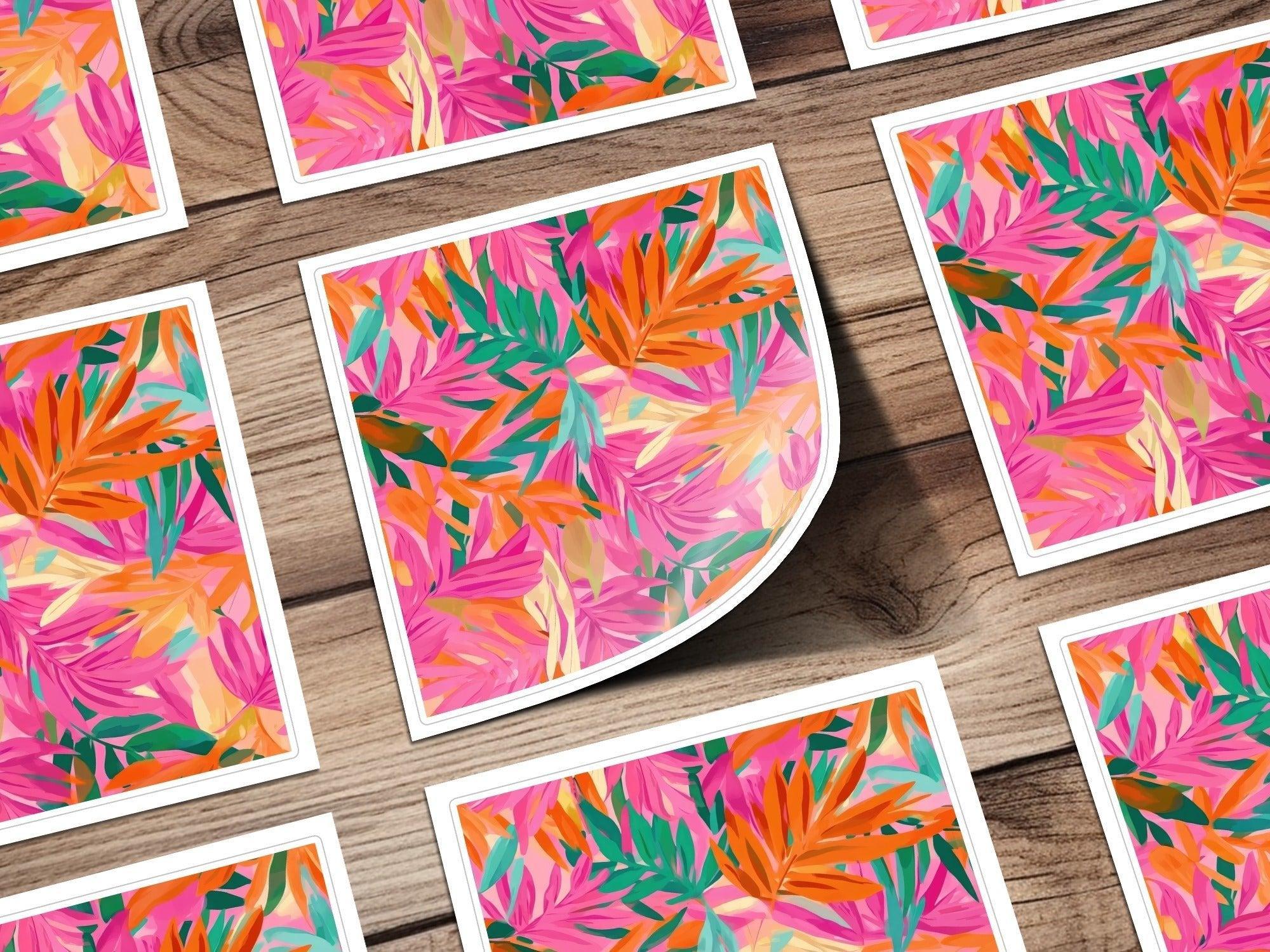 Tropical Leaf Digital Paper, Seamless Floral Pattern, Pink Orange Green Leaves, Scrapbooking Paper, Fabric Design, Digital Download - Moore and Mountain