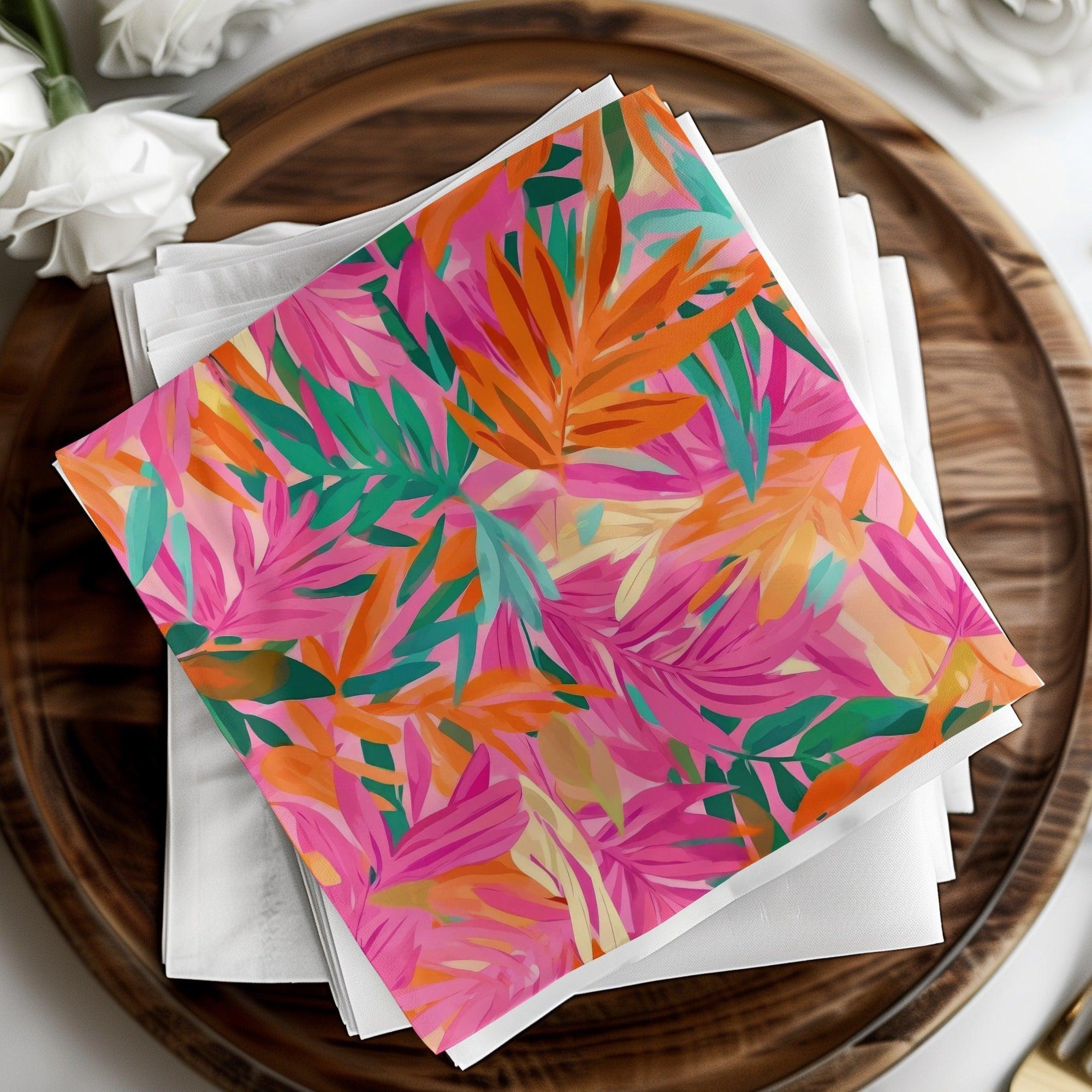 Tropical Leaf Digital Paper, Seamless Floral Pattern, Pink Orange Green Leaves, Scrapbooking Paper, Fabric Design, Digital Download - Moore and Mountain