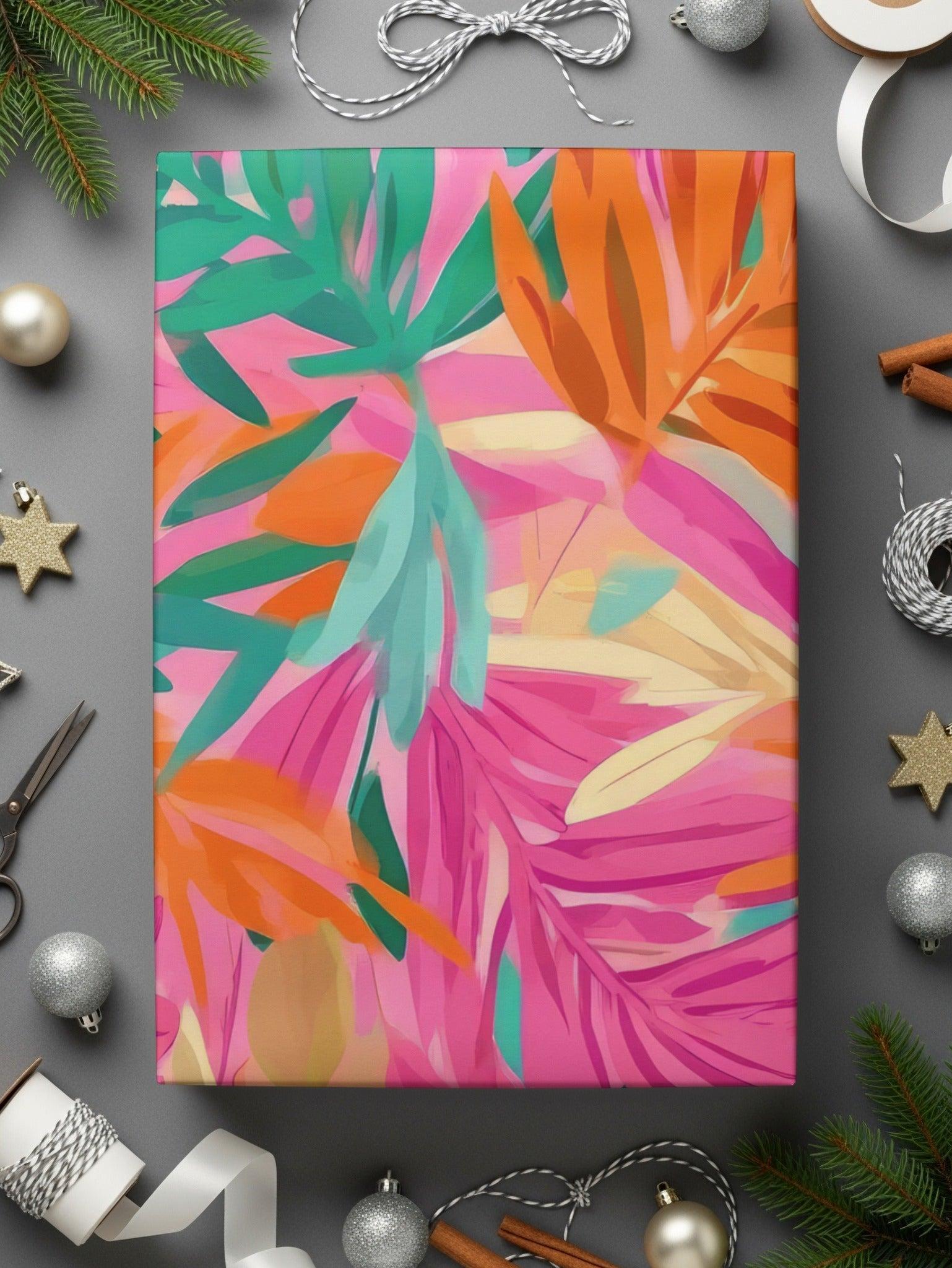Tropical Leaf Digital Paper, Seamless Floral Pattern, Pink Orange Green Leaves, Scrapbooking Paper, Fabric Design, Digital Download - Moore and Mountain