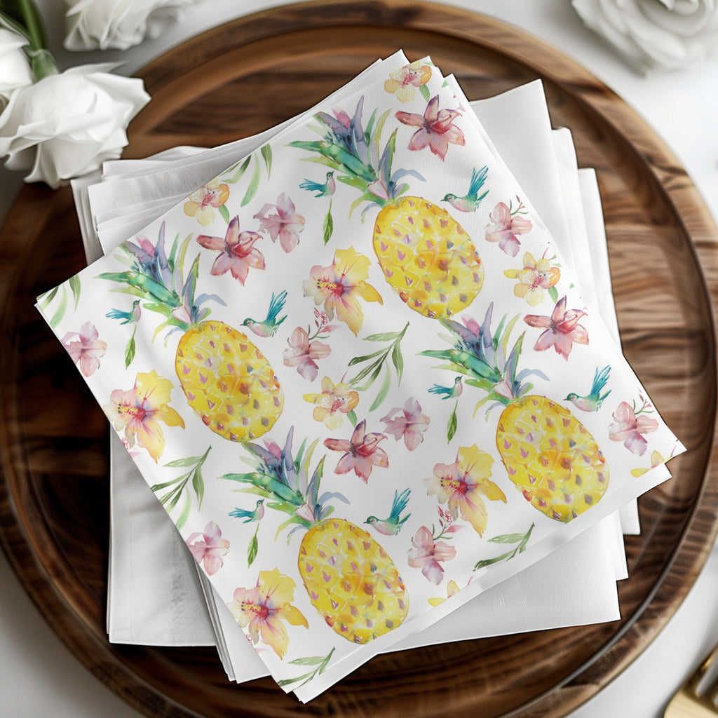 Tropical Pineapple Seamless Pattern, Watercolor Floral Digital Paper, Hibiscus Flower, Bird Design, Summer Background, Digital - Moore and Mountain