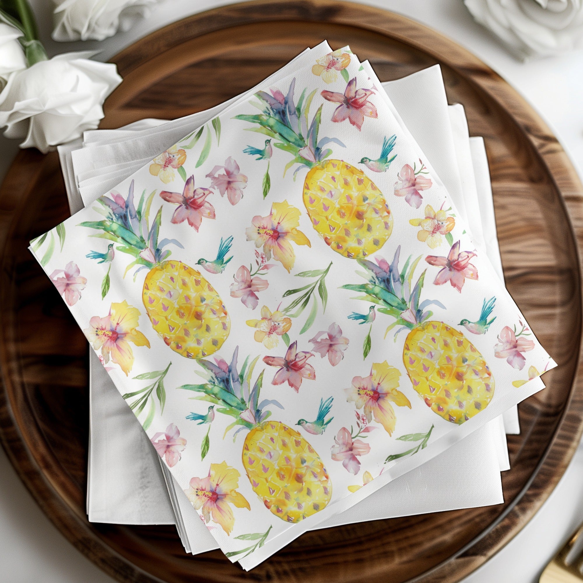 Tropical Pineapple Seamless Pattern, Watercolor Floral Digital Paper, Hibiscus Flower, Bird Design, Summer Background, Digital - Moore and Mountain