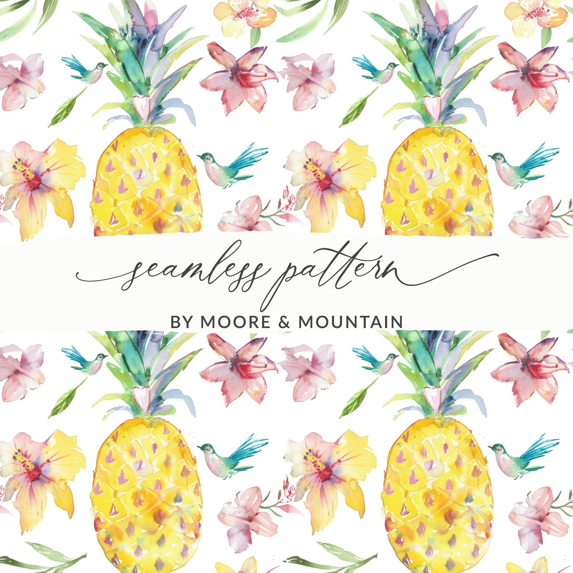 Tropical Pineapple Seamless Pattern, Watercolor Floral Digital Paper, Hibiscus Flower, Bird Design, Summer Background, Digital - Moore and Mountain
