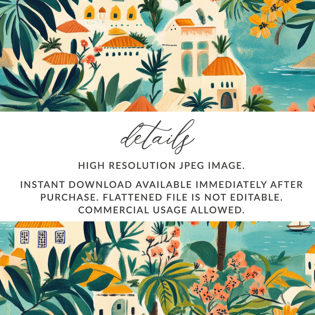 Tropical Town Digital Paper, Mediterranean Seamless Pattern, Coastal Townscape, Beach Vacation Digital Download, Printable Art, Summer - Moore and Mountain