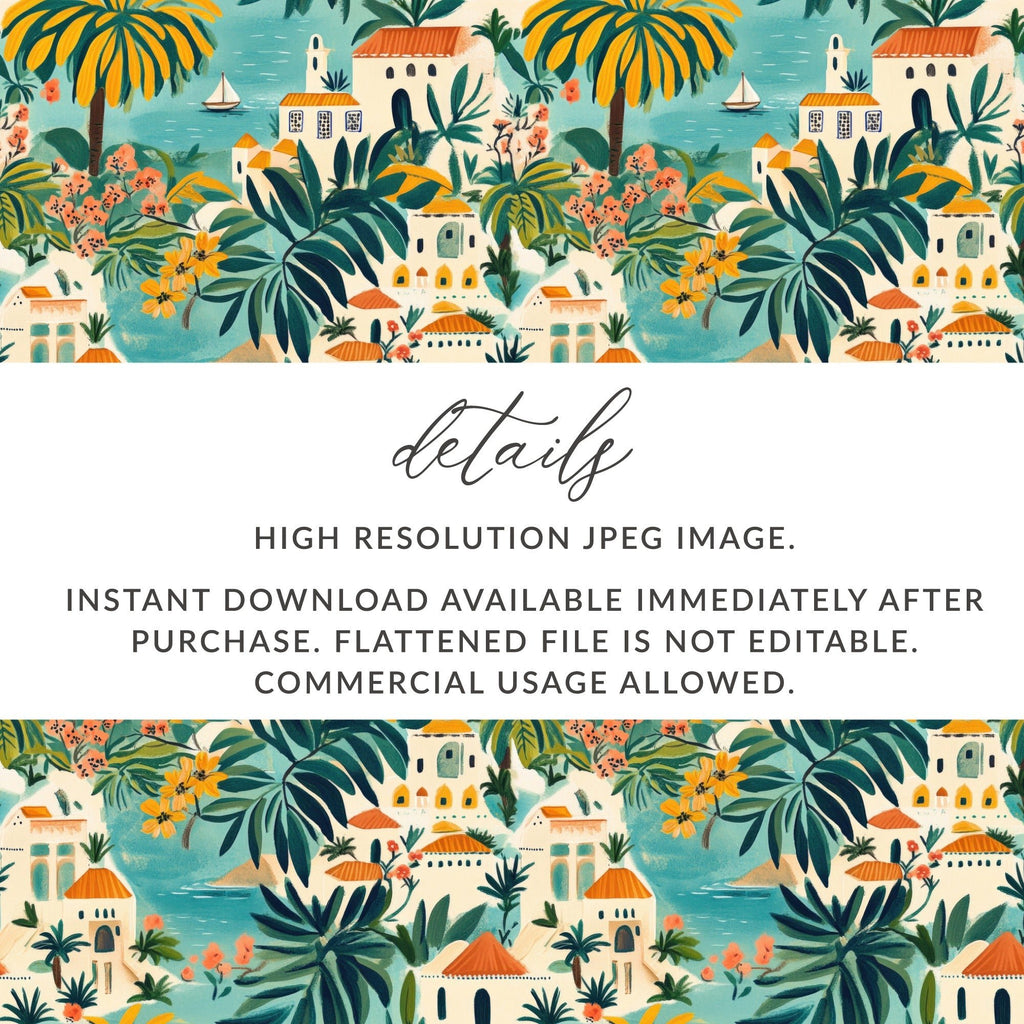 Tropical Village Digital Paper, Seaside Town Seamless Pattern, Mediterranean Digital Background, Island Houses Print, Palm Tree, JPEG Files - Moore and Mountain