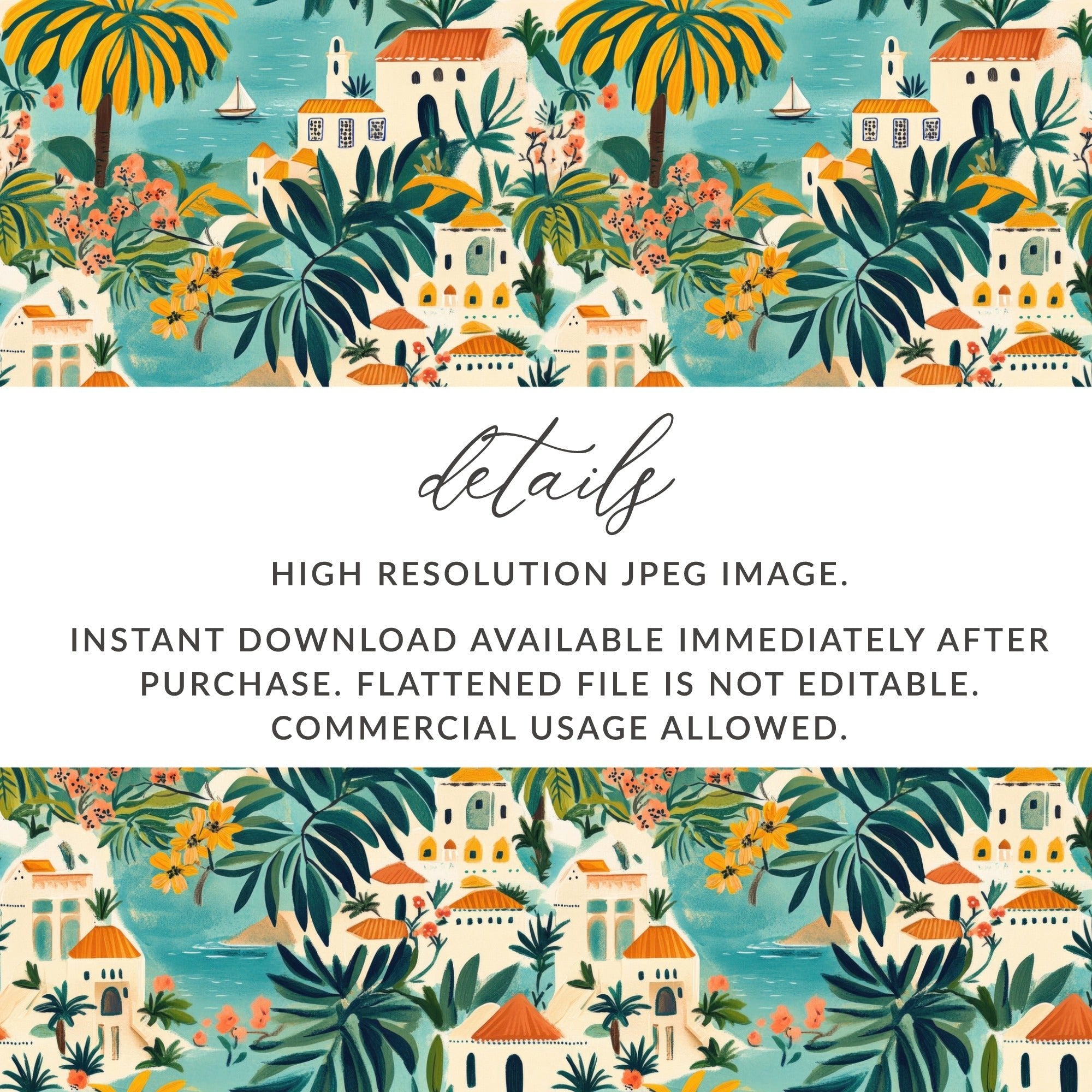 Tropical Village Digital Paper, Seaside Town Seamless Pattern, Mediterranean Digital Background, Island Houses Print, Palm Tree, JPEG Files - Moore and Mountain