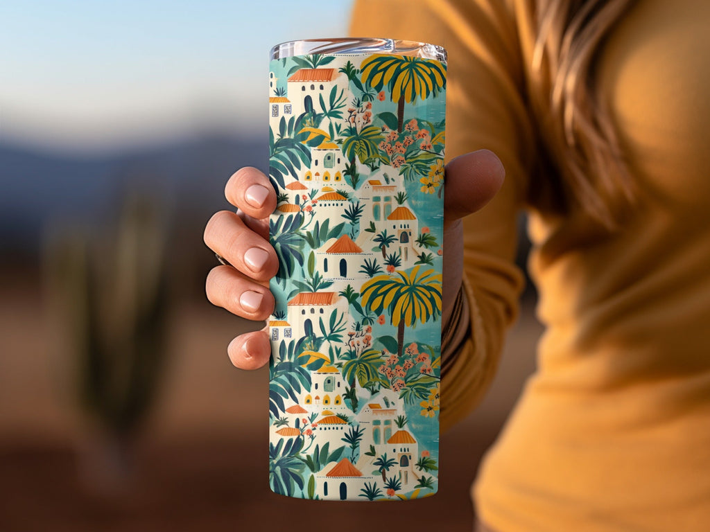 Tropical Village Digital Paper, Seaside Town Seamless Pattern, Mediterranean Digital Background, Island Houses Print, Palm Tree, JPEG Files - Moore and Mountain