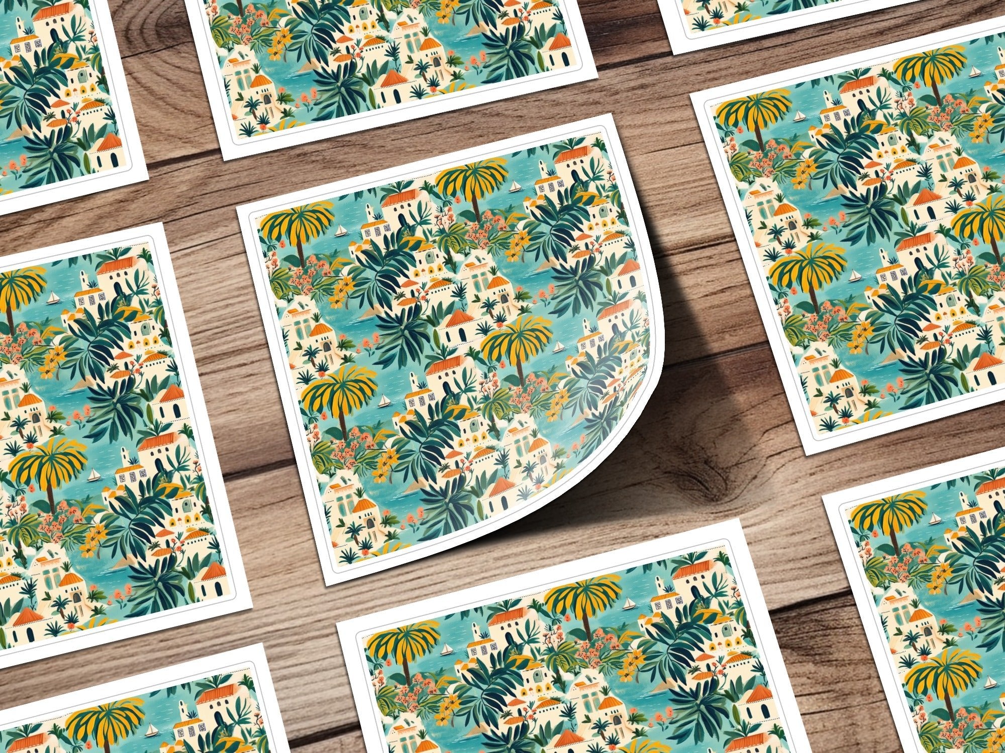 Tropical Village Digital Paper, Seaside Town Seamless Pattern, Mediterranean Digital Background, Island Houses Print, Palm Tree, JPEG Files - Moore and Mountain