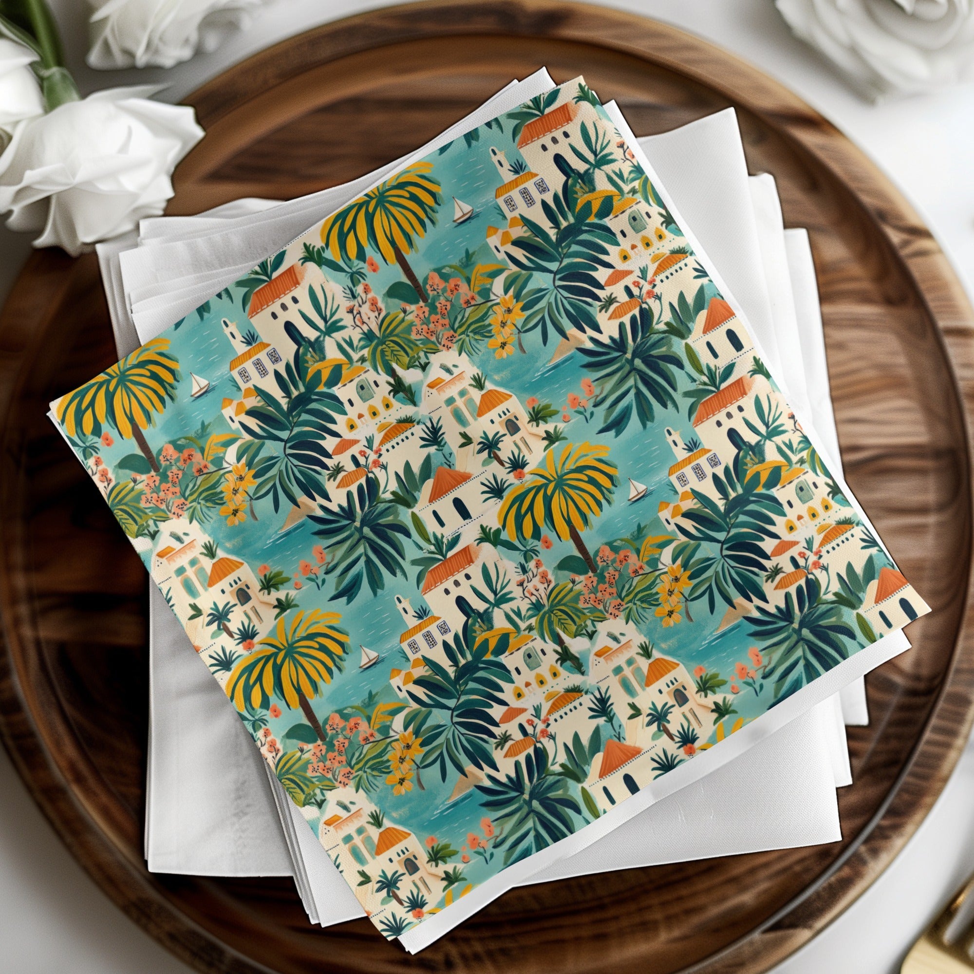 Tropical Village Digital Paper, Seaside Town Seamless Pattern, Mediterranean Digital Background, Island Houses Print, Palm Tree, JPEG Files - Moore and Mountain