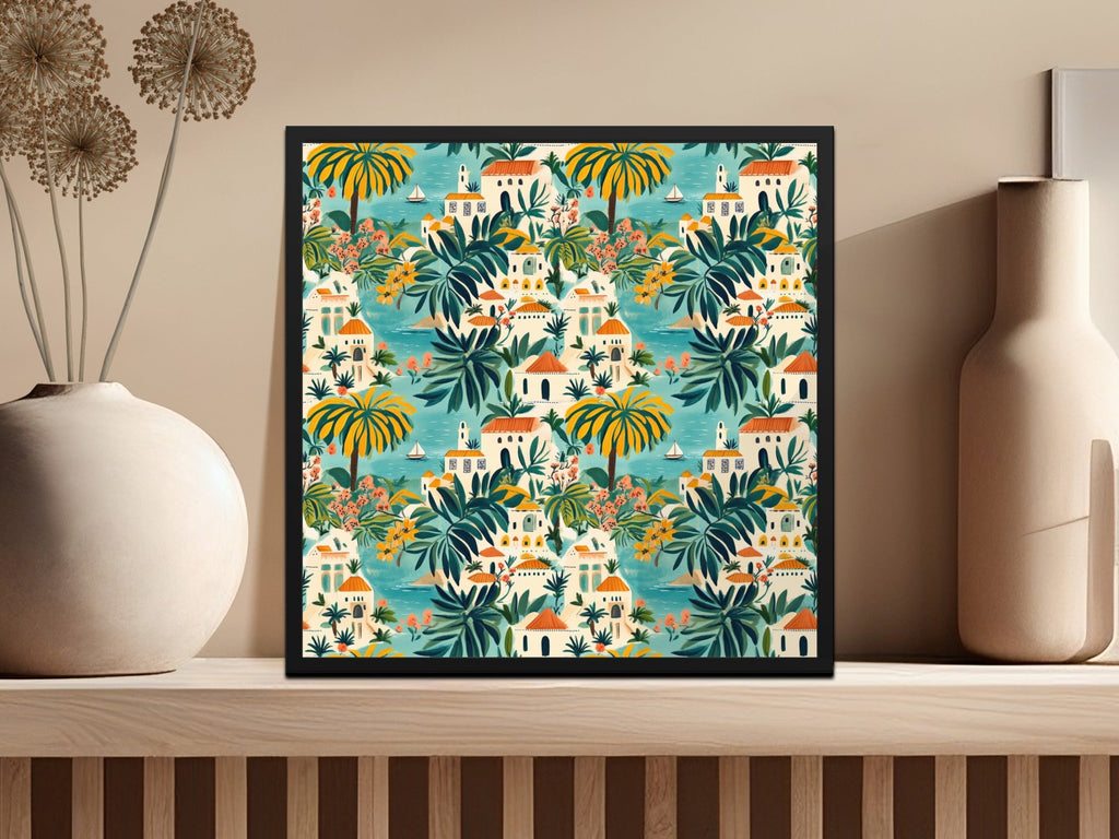 Tropical Village Digital Paper, Seaside Town Seamless Pattern, Mediterranean Digital Background, Island Houses Print, Palm Tree, JPEG Files - Moore and Mountain