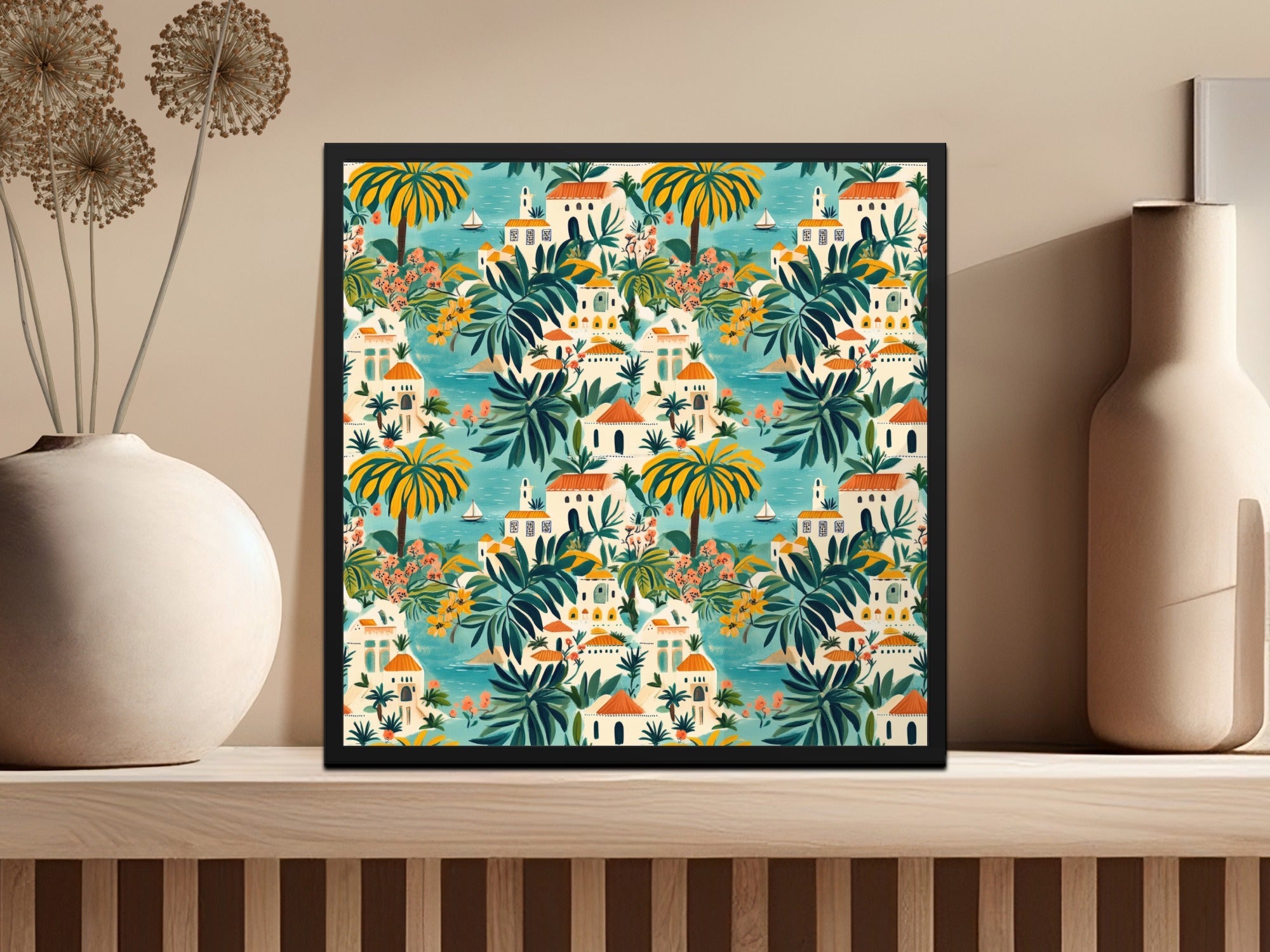 Tropical Village Digital Paper, Seaside Town Seamless Pattern, Mediterranean Digital Background, Island Houses Print, Palm Tree, JPEG Files - Moore and Mountain