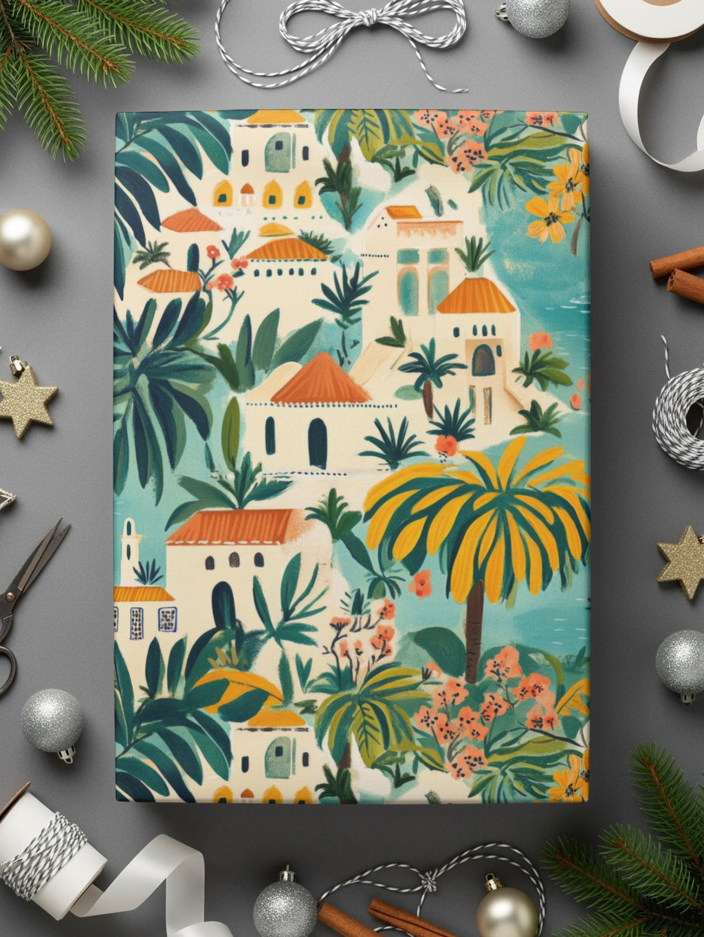 Tropical Village Digital Paper, Seaside Town Seamless Pattern, Mediterranean Digital Background, Island Houses Print, Palm Tree, JPEG Files - Moore and Mountain