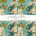 Tropical Village Digital Paper, Seaside Town Seamless Pattern, Mediterranean Digital Background, Island Houses Print, Palm Tree, JPEG Files - Moore and Mountain