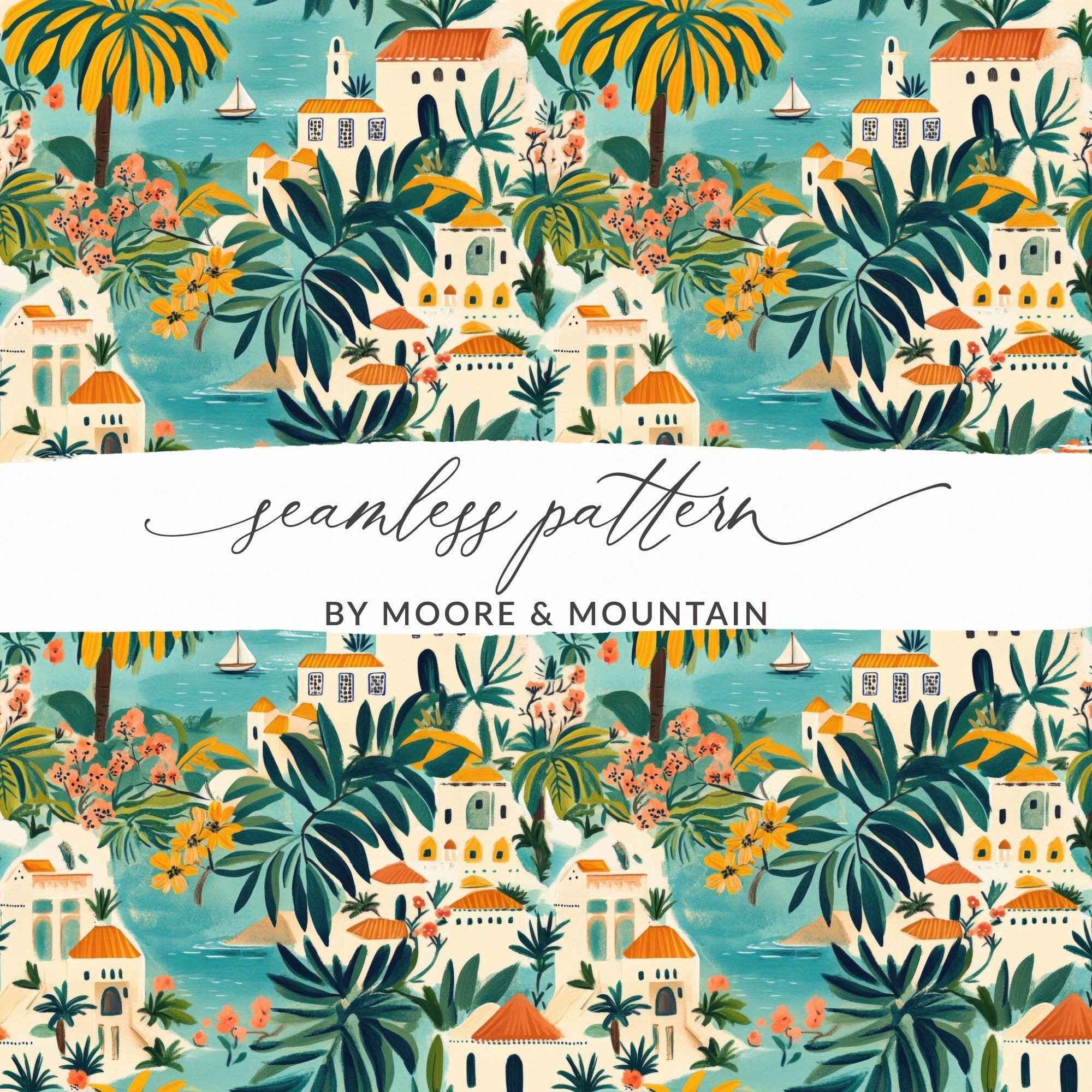 Tropical Village Digital Paper, Seaside Town Seamless Pattern, Mediterranean Digital Background, Island Houses Print, Palm Tree, JPEG Files - Moore and Mountain