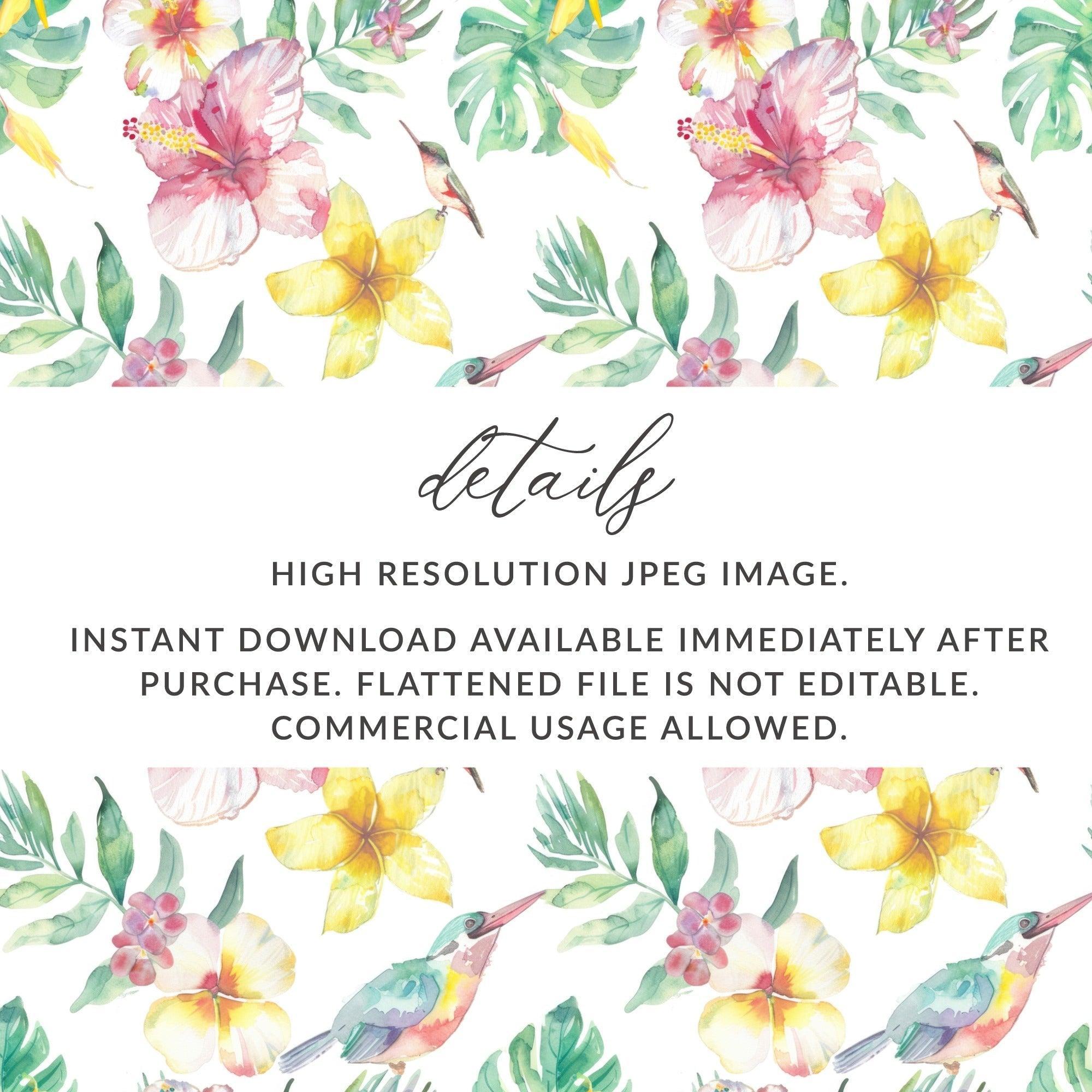 Tropical Watercolor Digital Paper, Floral Seamless Pattern, Hibiscus, Plumeria, Bird, Leaves, Digital Download, Scrapbooking Paper - Moore and Mountain