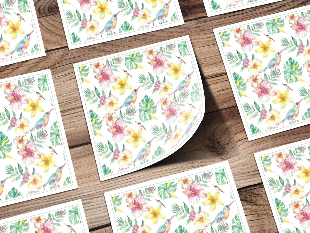Tropical Watercolor Digital Paper, Floral Seamless Pattern, Hibiscus, Plumeria, Bird, Leaves, Digital Download, Scrapbooking Paper - Moore and Mountain