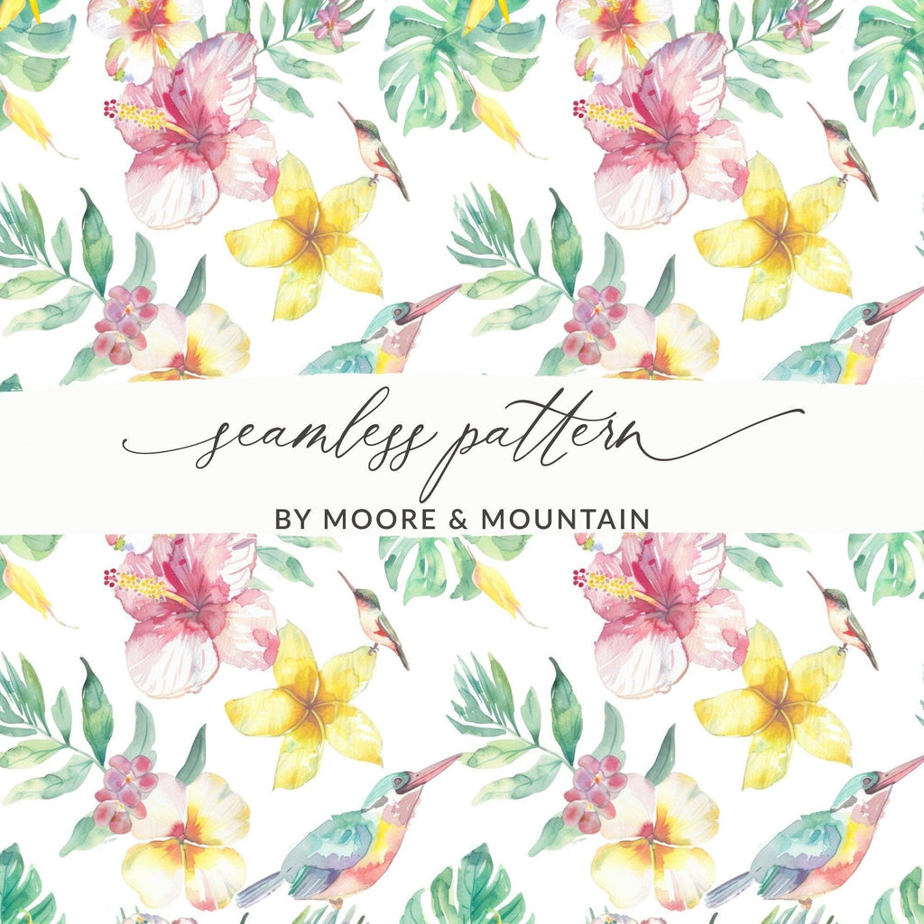 Tropical Watercolor Digital Paper, Floral Seamless Pattern, Hibiscus, Plumeria, Bird, Leaves, Digital Download, Scrapbooking Paper - Moore and Mountain