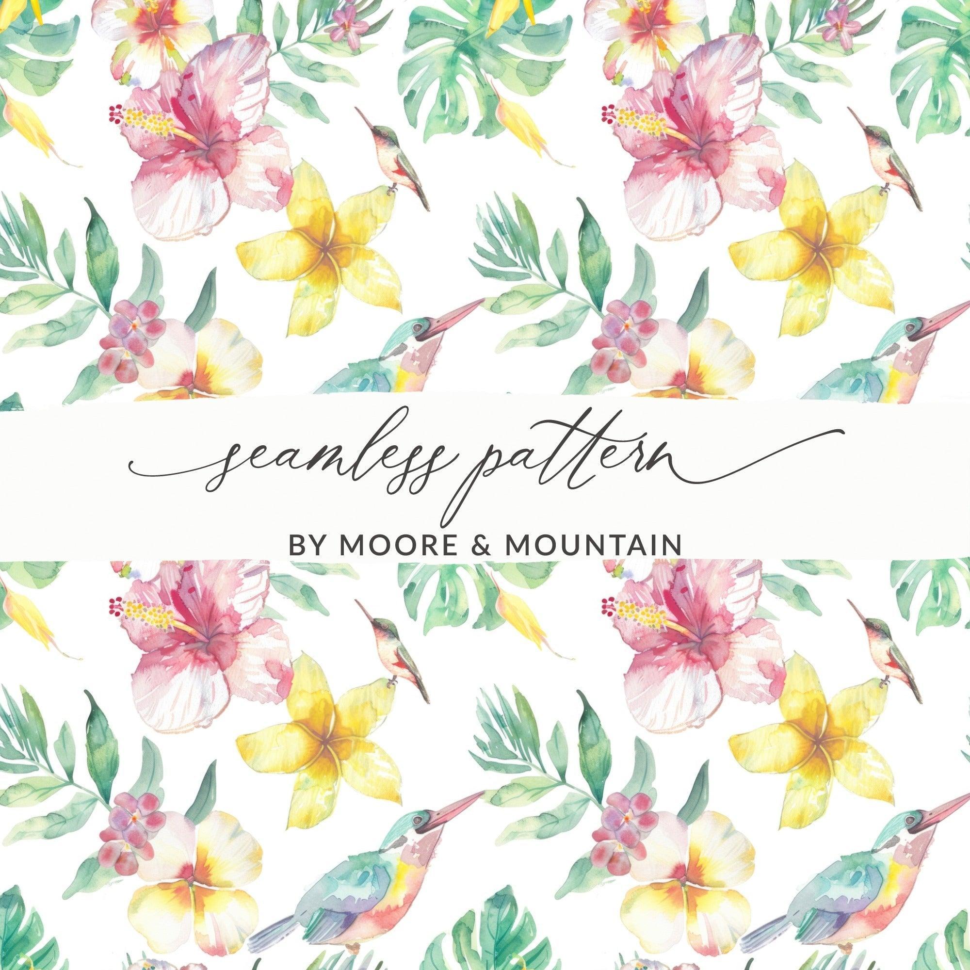 Tropical Watercolor Digital Paper, Floral Seamless Pattern, Hibiscus, Plumeria, Bird, Leaves, Digital Download, Scrapbooking Paper - Moore and Mountain