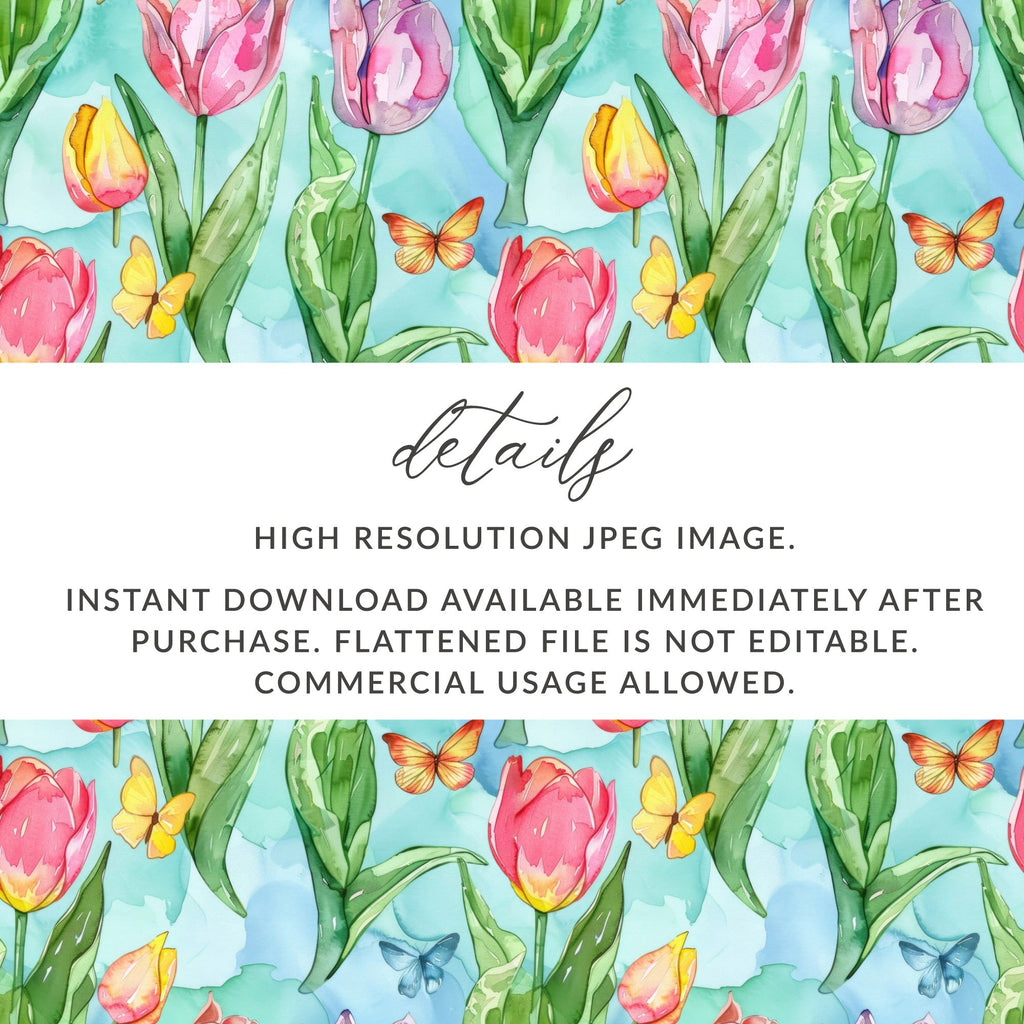 Tulip Digital Paper, Watercolor Seamless Pattern, Spring Background, Floral Surface Pattern, Butterfly Texture, Digital Download - Moore and Mountain