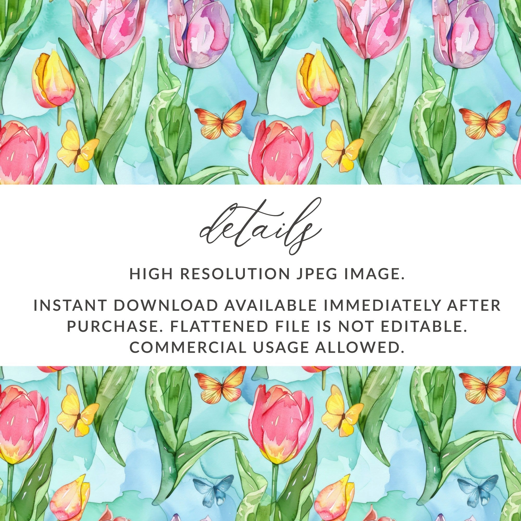 Tulip Digital Paper, Watercolor Seamless Pattern, Spring Background, Floral Surface Pattern, Butterfly Texture, Digital Download - Moore and Mountain