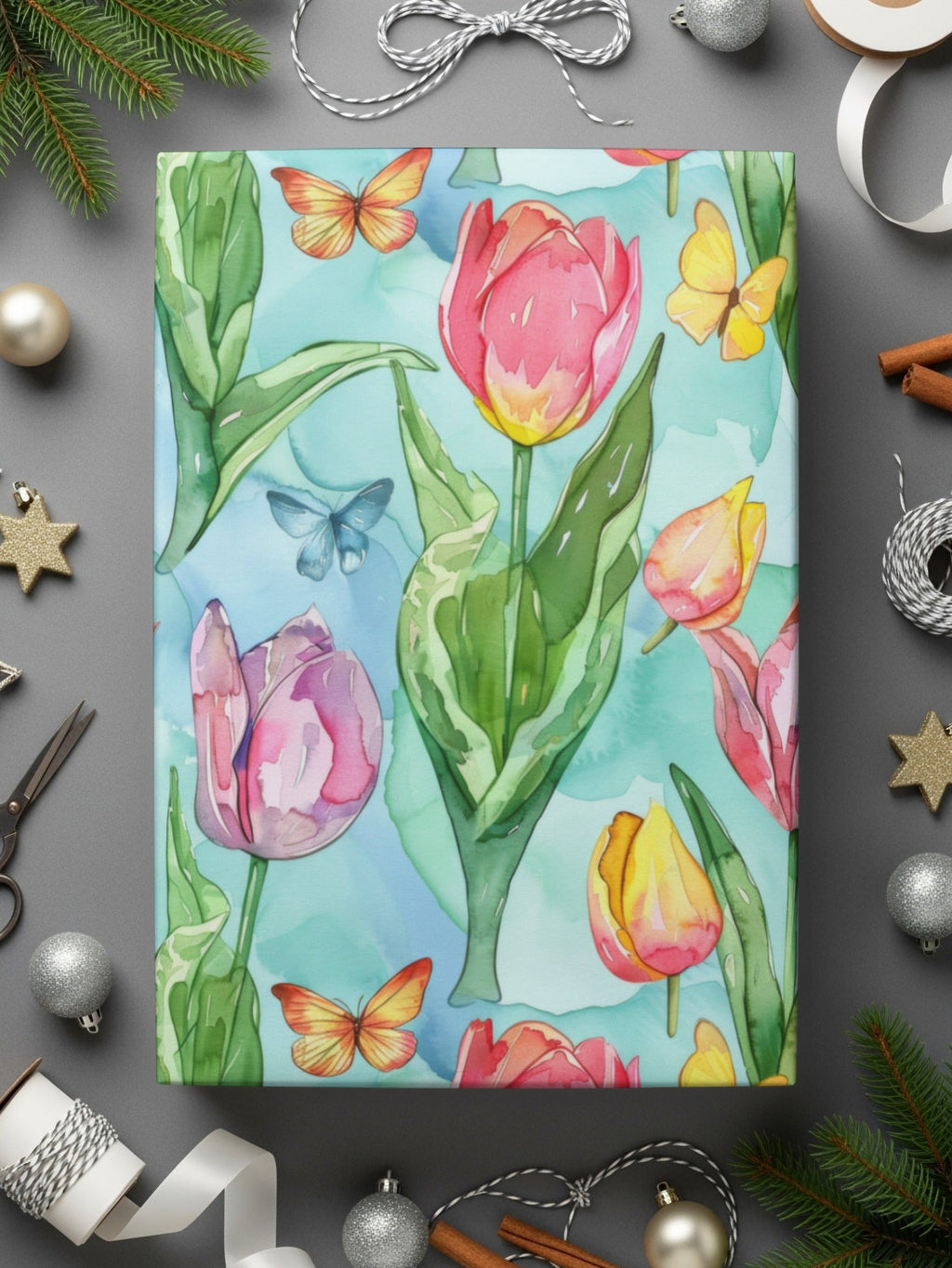 Tulip Digital Paper, Watercolor Seamless Pattern, Spring Background, Floral Surface Pattern, Butterfly Texture, Digital Download - Moore and Mountain
