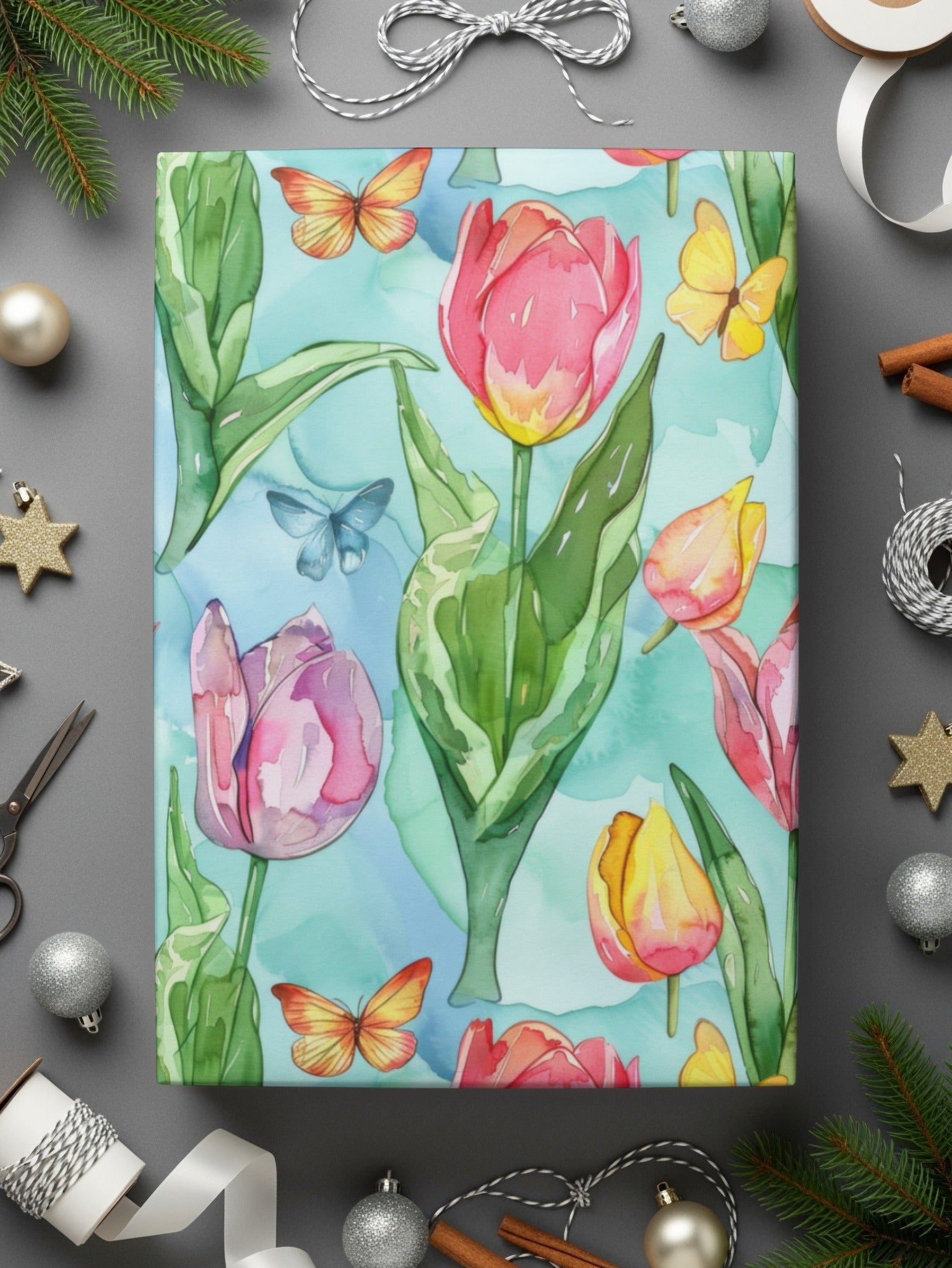 Tulip Digital Paper, Watercolor Seamless Pattern, Spring Background, Floral Surface Pattern, Butterfly Texture, Digital Download - Moore and Mountain