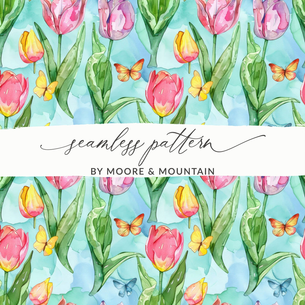 Tulip Digital Paper, Watercolor Seamless Pattern, Spring Background, Floral Surface Pattern, Butterfly Texture, Digital Download - Moore and Mountain