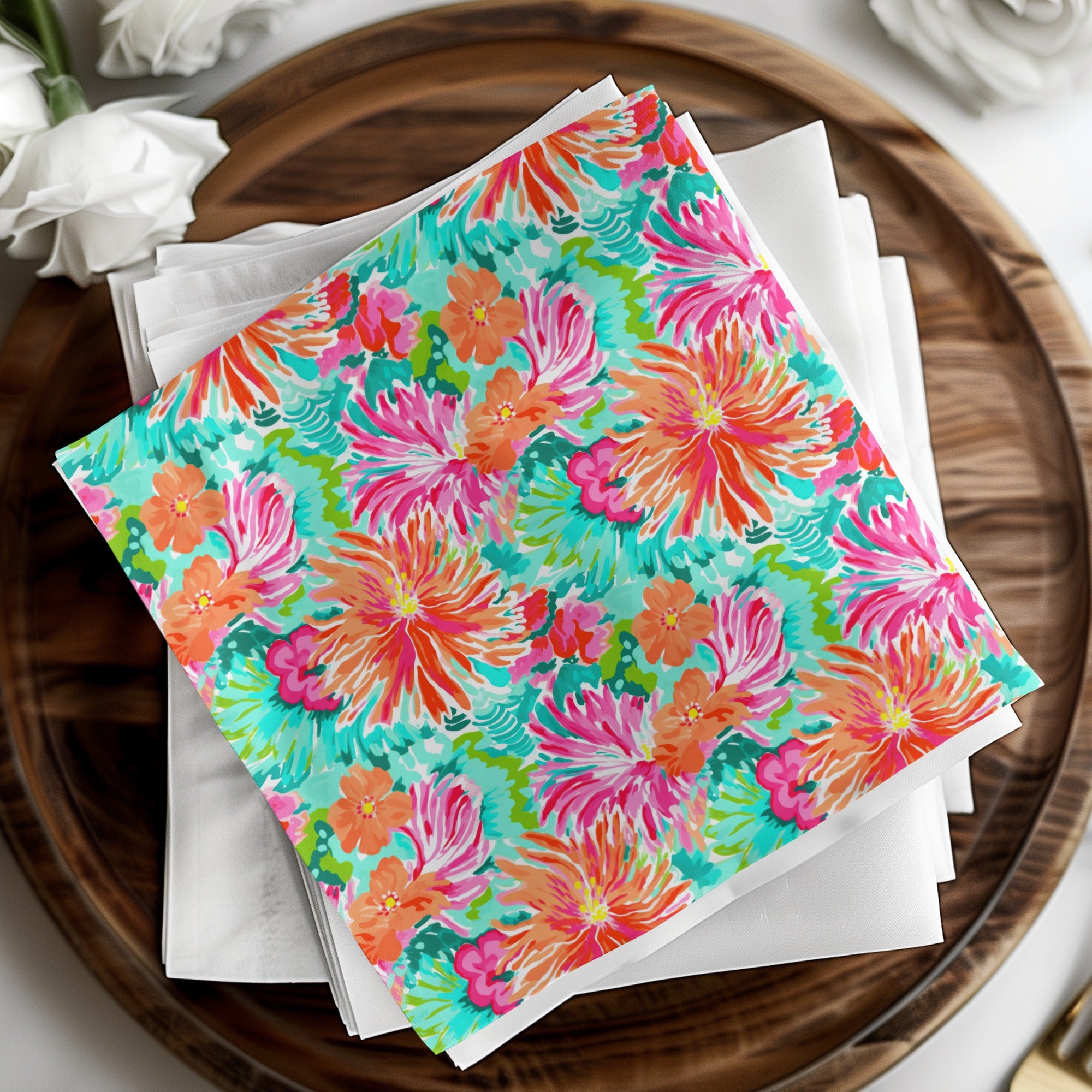 Vibrant Floral Aqua Pink Orange Patterned Paper Napkins