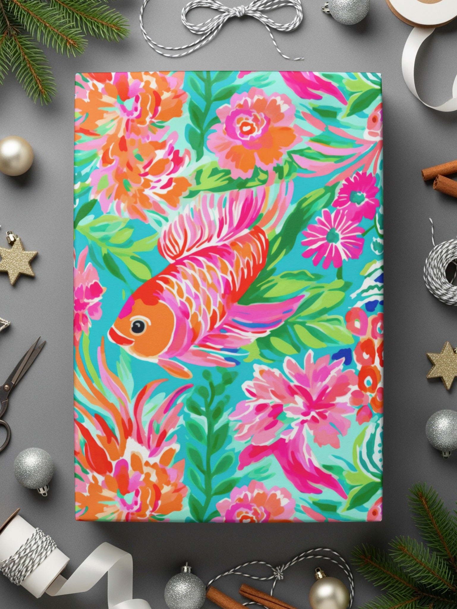 Vibrant Tropical Fish and Floral Wrapping Paper
