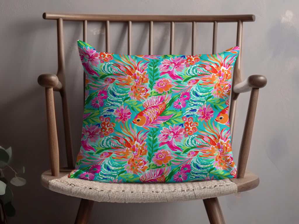 Vibrant Floral And Fish Design Throw Pillow