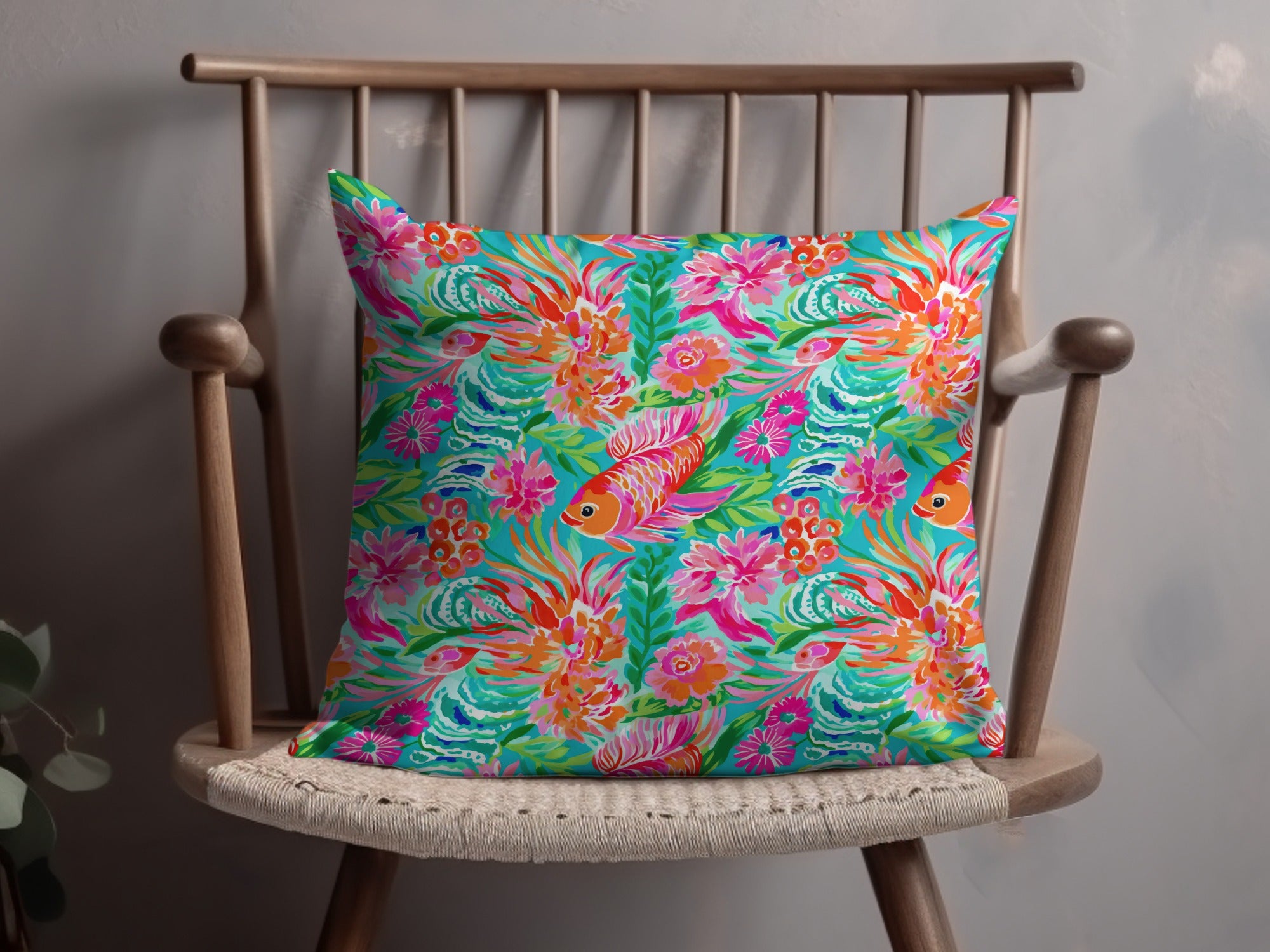 Vibrant Floral And Fish Design Throw Pillow