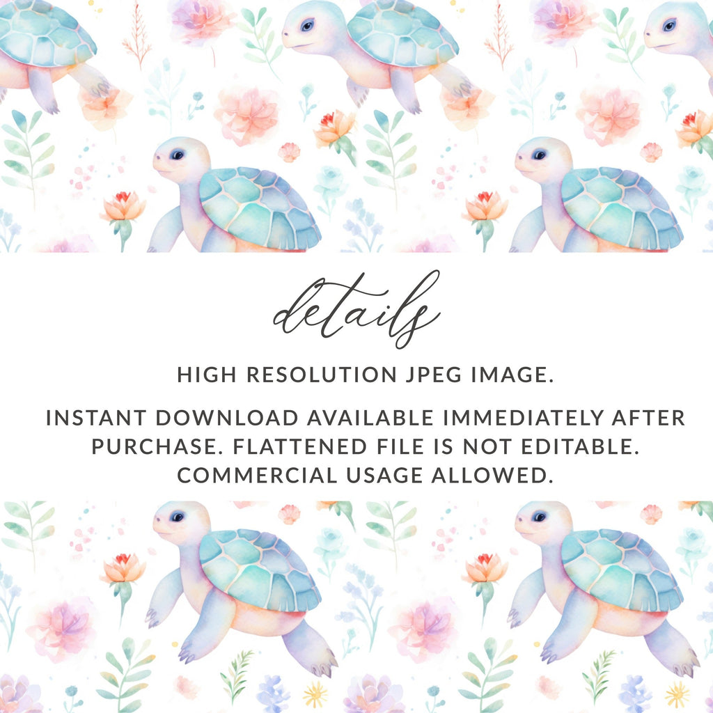 Turtle Digital Paper, Watercolor Seamless Pattern, Pastel Flowers, Baby Animal Print, Scrapbook Paper, Fabric Design, Digital Download - Moore and Mountain