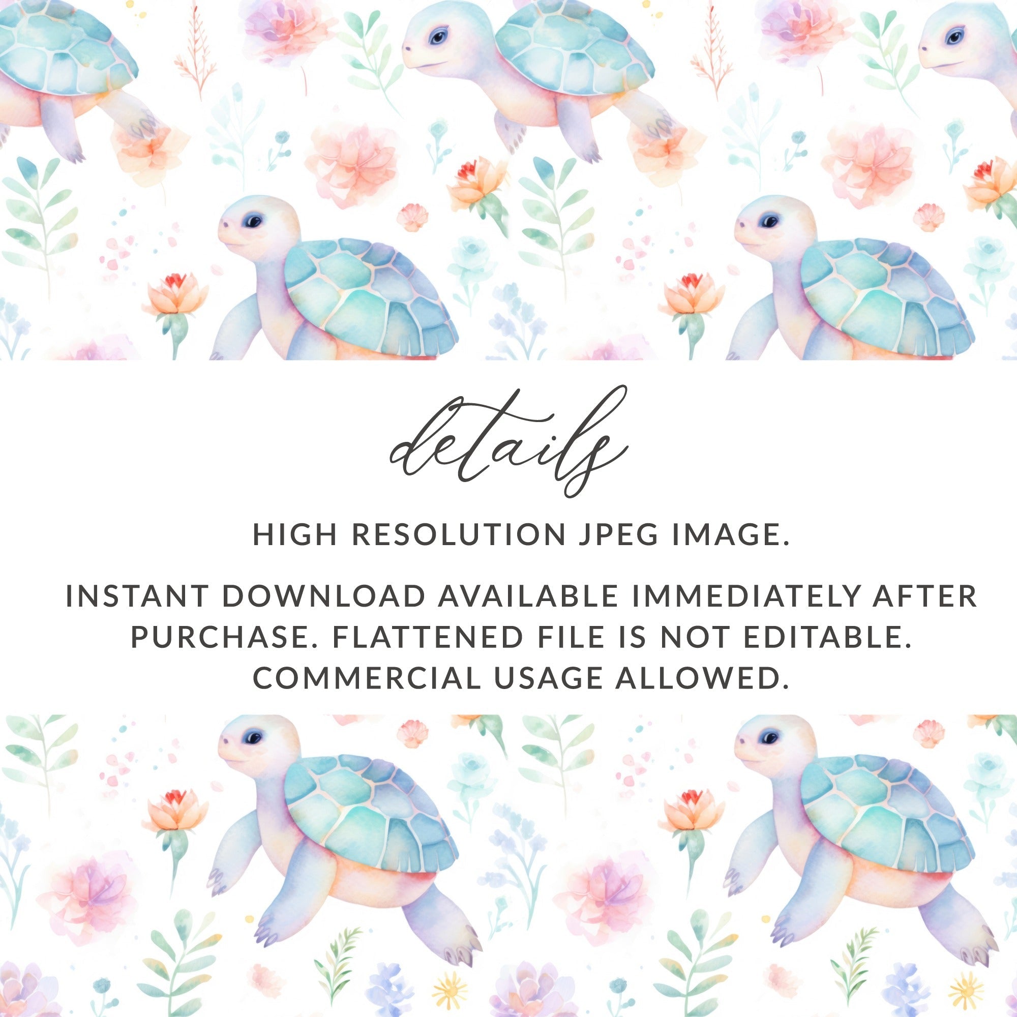 Turtle Digital Paper, Watercolor Seamless Pattern, Pastel Flowers, Baby Animal Print, Scrapbook Paper, Fabric Design, Digital Download - Moore and Mountain