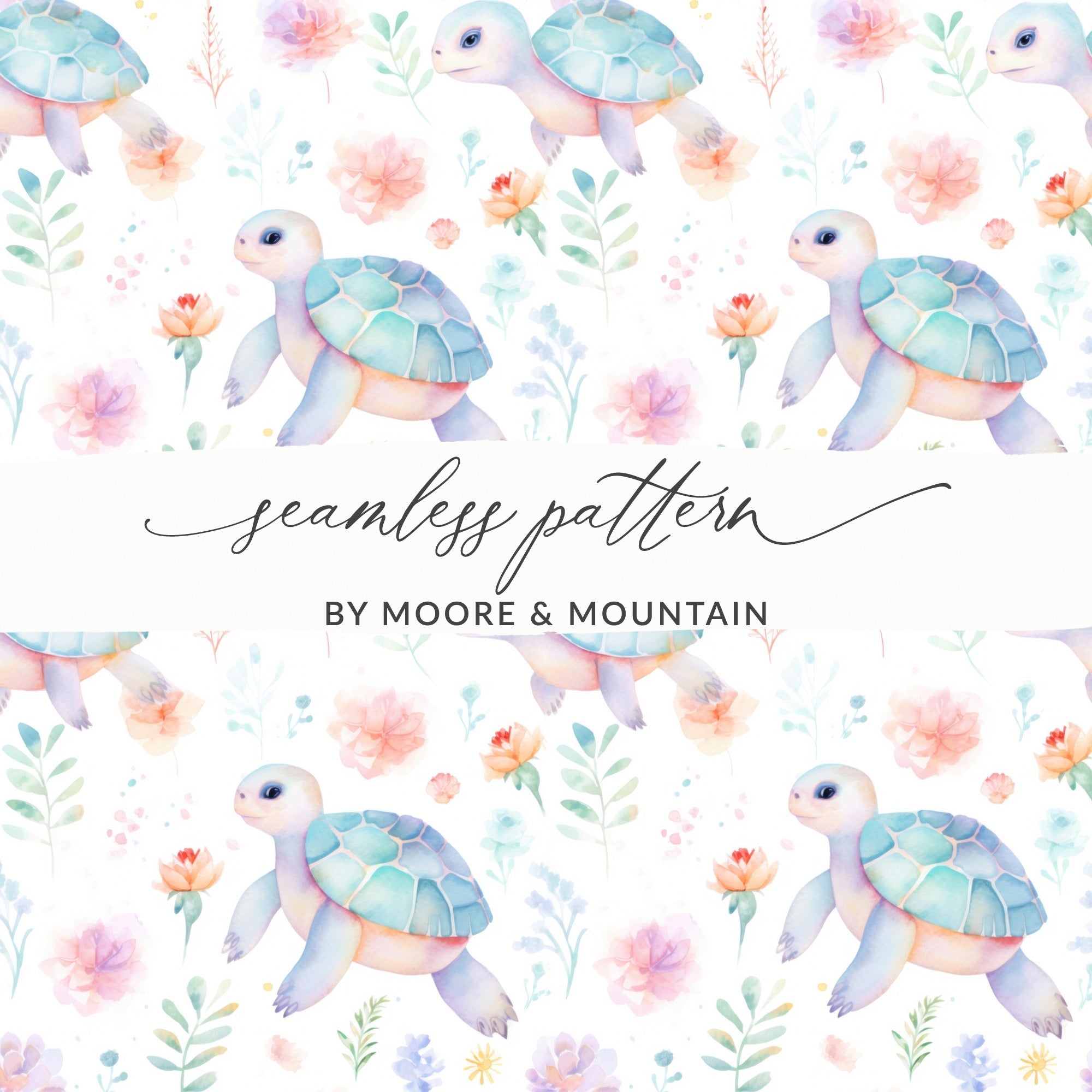 Turtle Digital Paper, Watercolor Seamless Pattern, Pastel Flowers, Baby Animal Print, Scrapbook Paper, Fabric Design, Digital Download - Moore and Mountain