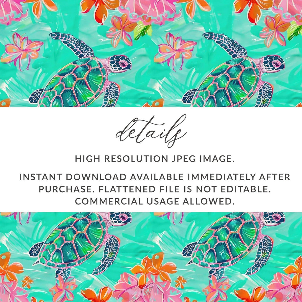Turtle Seamless Pattern Digital, Tropical Flowers, 12x12 JPEG, Repeat Pattern, Fabric Design, Digital Paper Pack, Sea Turtle Design - Moore and Mountain