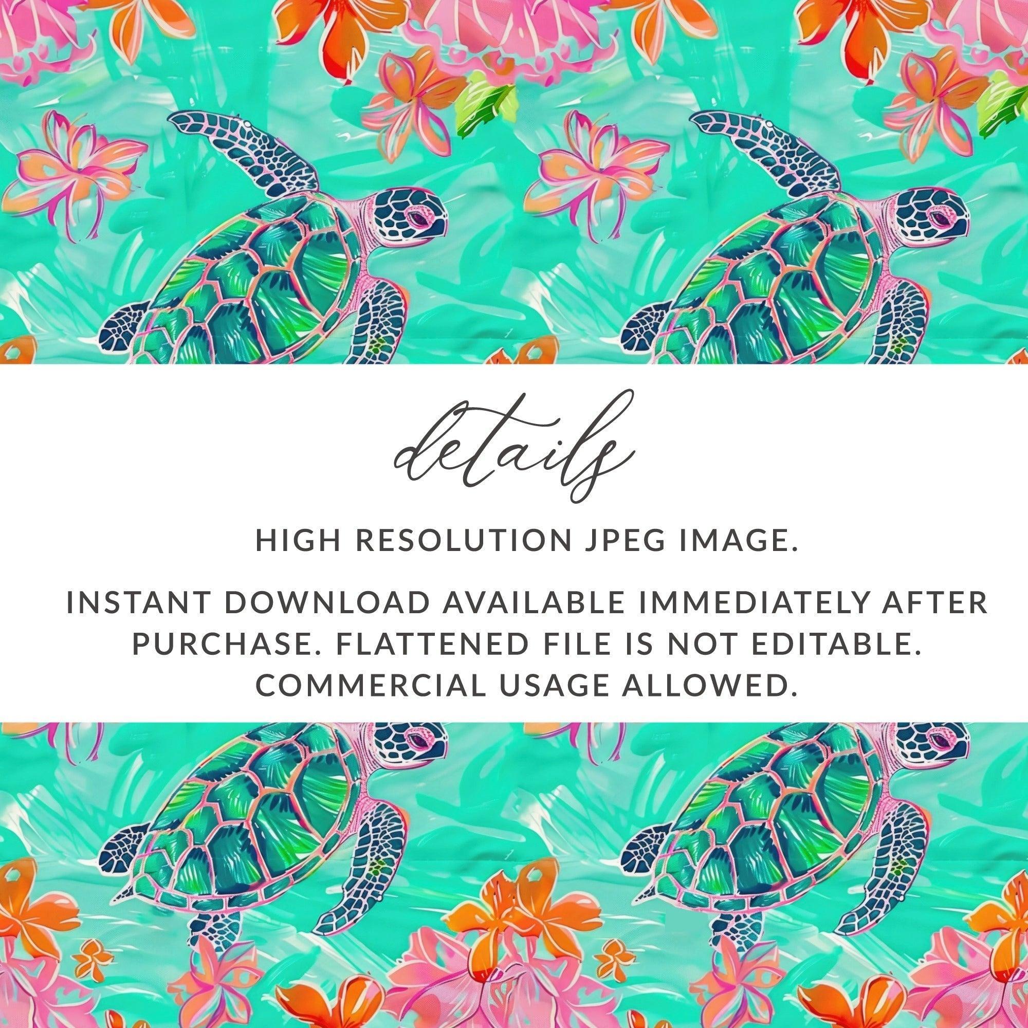 Turtle Seamless Pattern Digital, Tropical Flowers, 12x12 JPEG, Repeat Pattern, Fabric Design, Digital Paper Pack, Sea Turtle Design - Moore and Mountain
