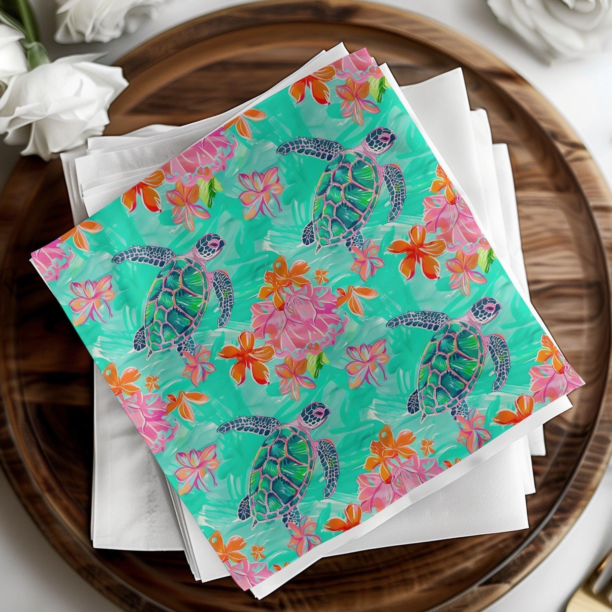 Turtle Seamless Pattern Digital, Tropical Flowers, 12x12 JPEG, Repeat Pattern, Fabric Design, Digital Paper Pack, Sea Turtle Design - Moore and Mountain