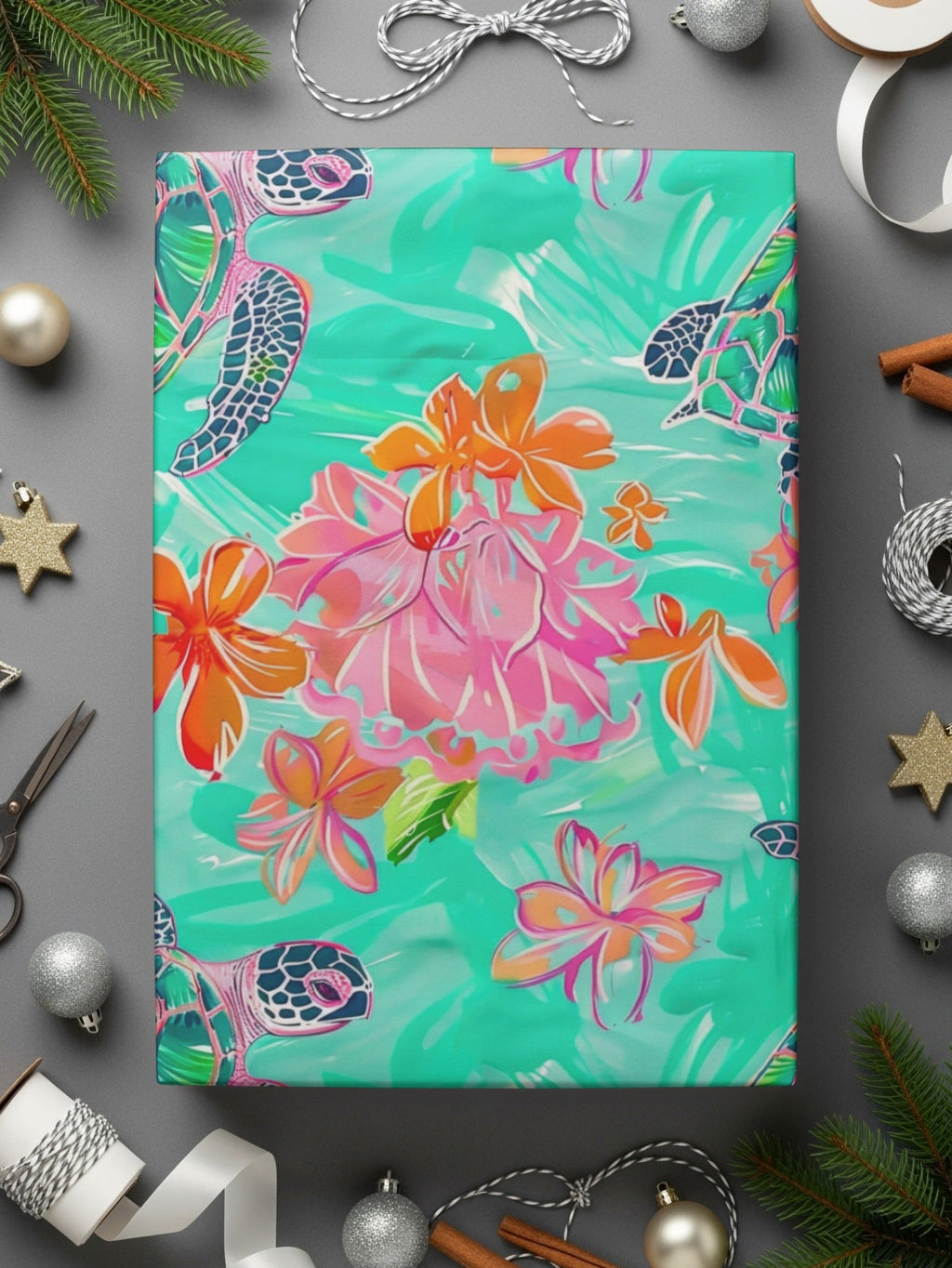 Turtle Seamless Pattern Digital, Tropical Flowers, 12x12 JPEG, Repeat Pattern, Fabric Design, Digital Paper Pack, Sea Turtle Design - Moore and Mountain