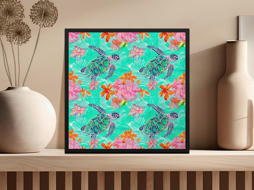 Turtle Seamless Pattern Digital, Tropical Flowers, 12x12 JPEG, Repeat Pattern, Fabric Design, Digital Paper Pack, Sea Turtle Design - Moore and Mountain