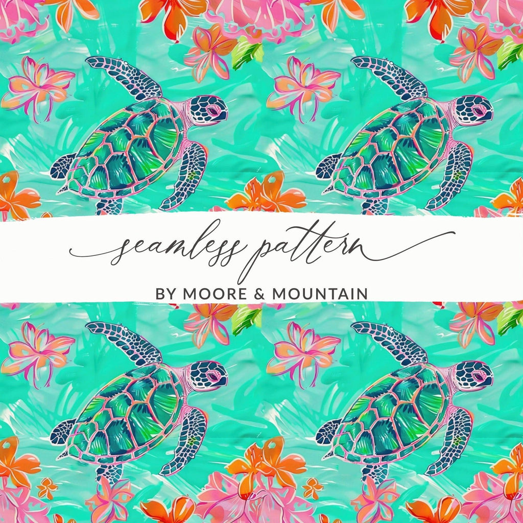 Turtle Seamless Pattern Digital, Tropical Flowers, 12x12 JPEG, Repeat Pattern, Fabric Design, Digital Paper Pack, Sea Turtle Design - Moore and Mountain