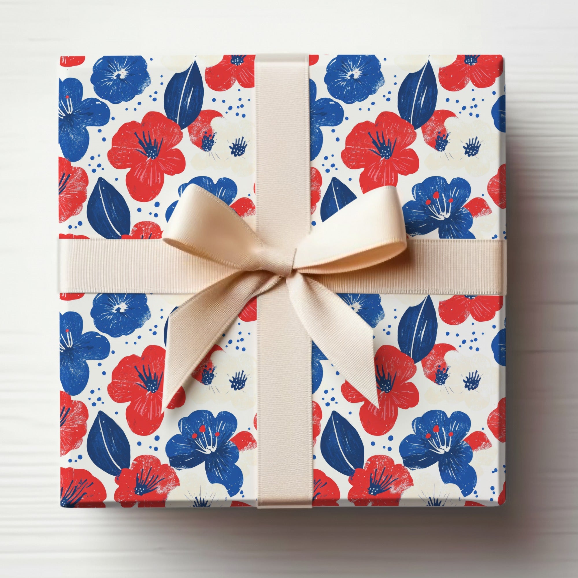 Floral Gift Box with Red Blue Flowers and Bow