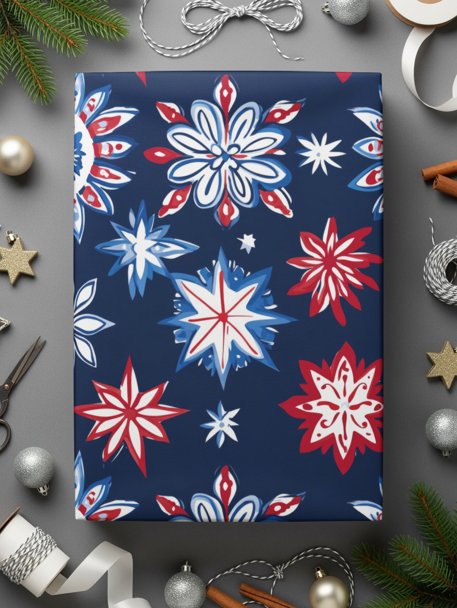 Festive Red and Blue Snowflakes Wrapping Paper