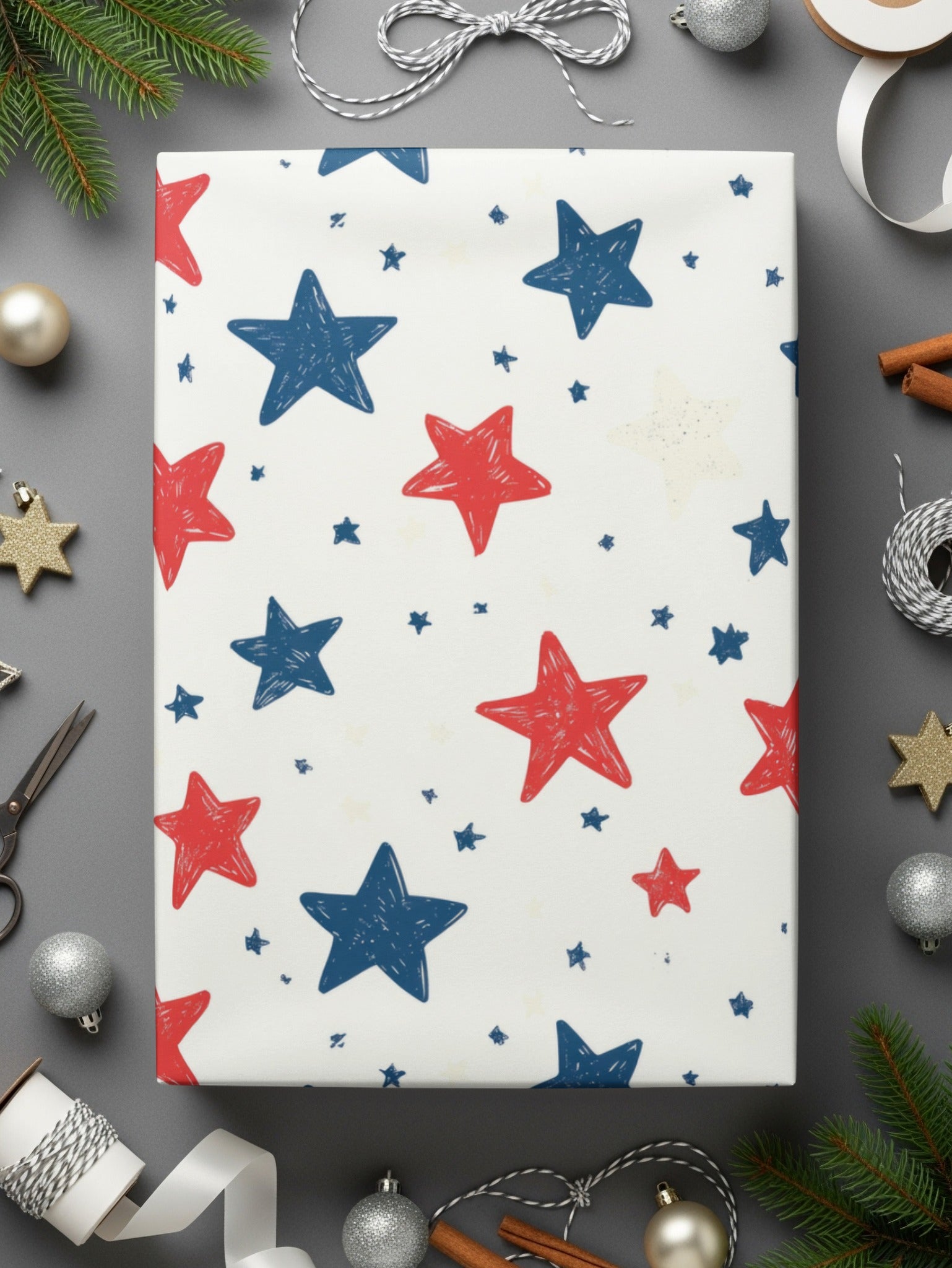 Red and Blue Stars Wrapping Paper Holiday Gift Wrap