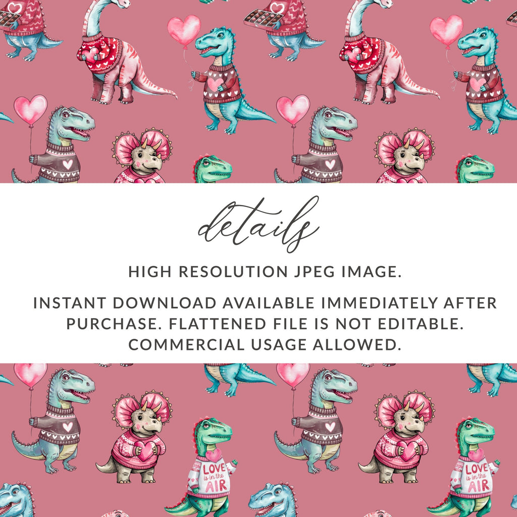 Valentine Dinosaur Seamless Pattern, Cute Dino Digital Paper, Kids Fabric Design, Love Heart Patterns, Reptile Clipart, Digital Download - Moore and Mountain